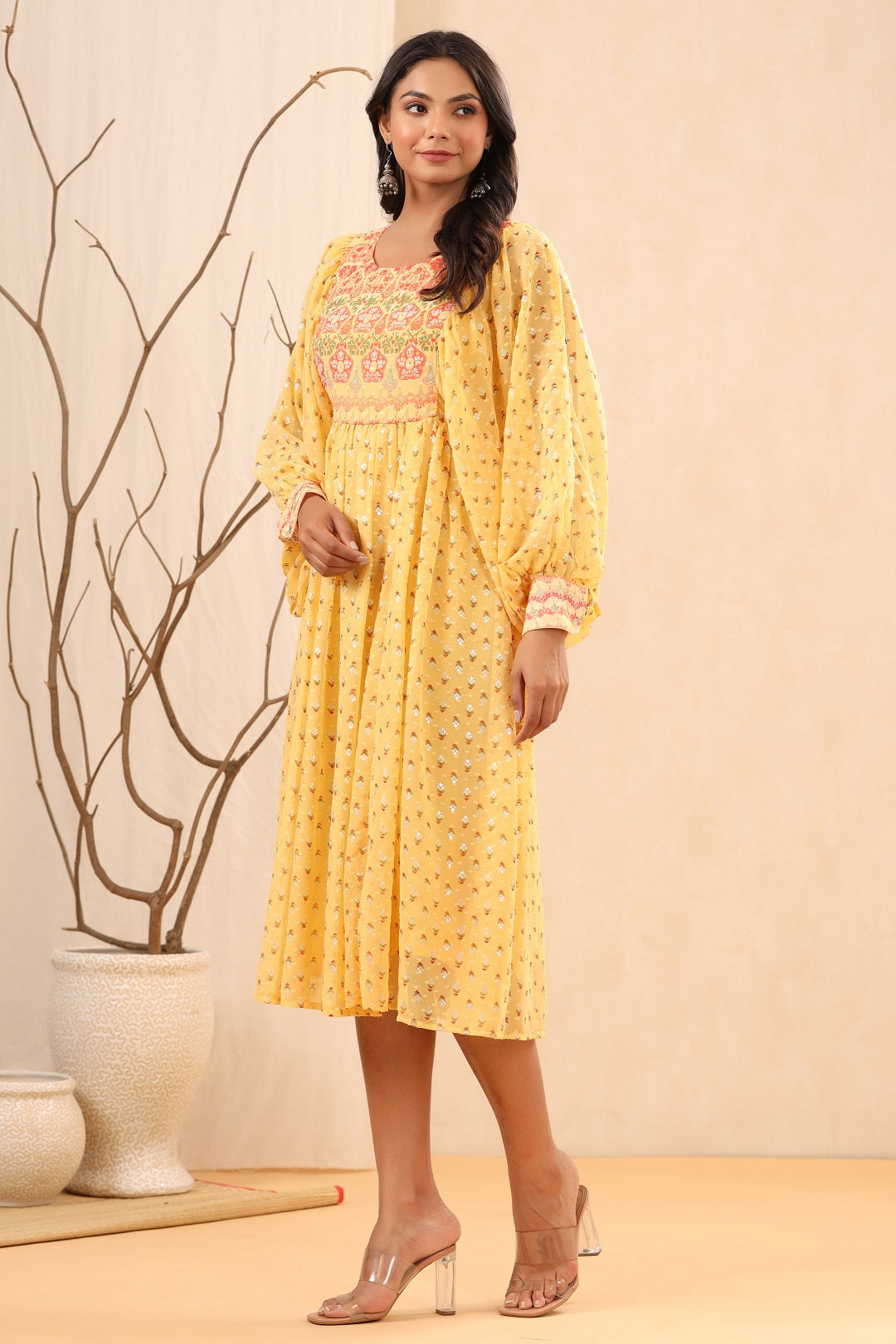 Juniper Yellow Ethnic Motif Printed Georgette Midi  Dress With Sequins Work