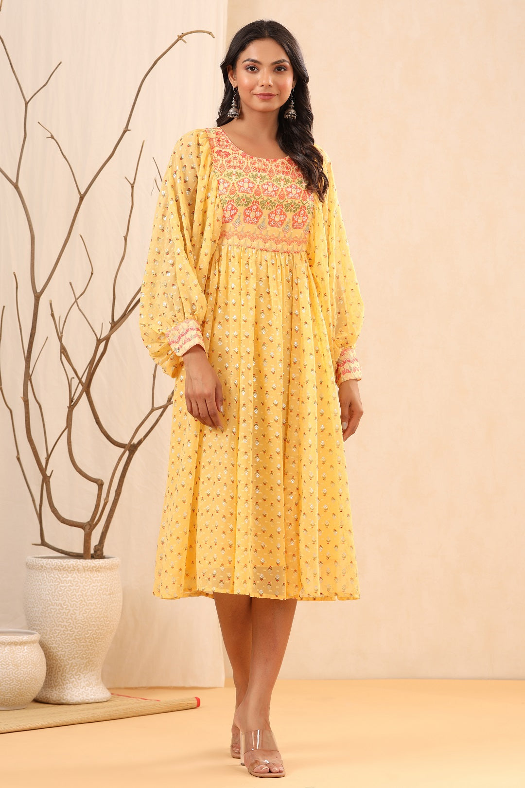 Juniper Yellow Ethnic Motif Printed Georgette Midi  Dress With Sequins Work