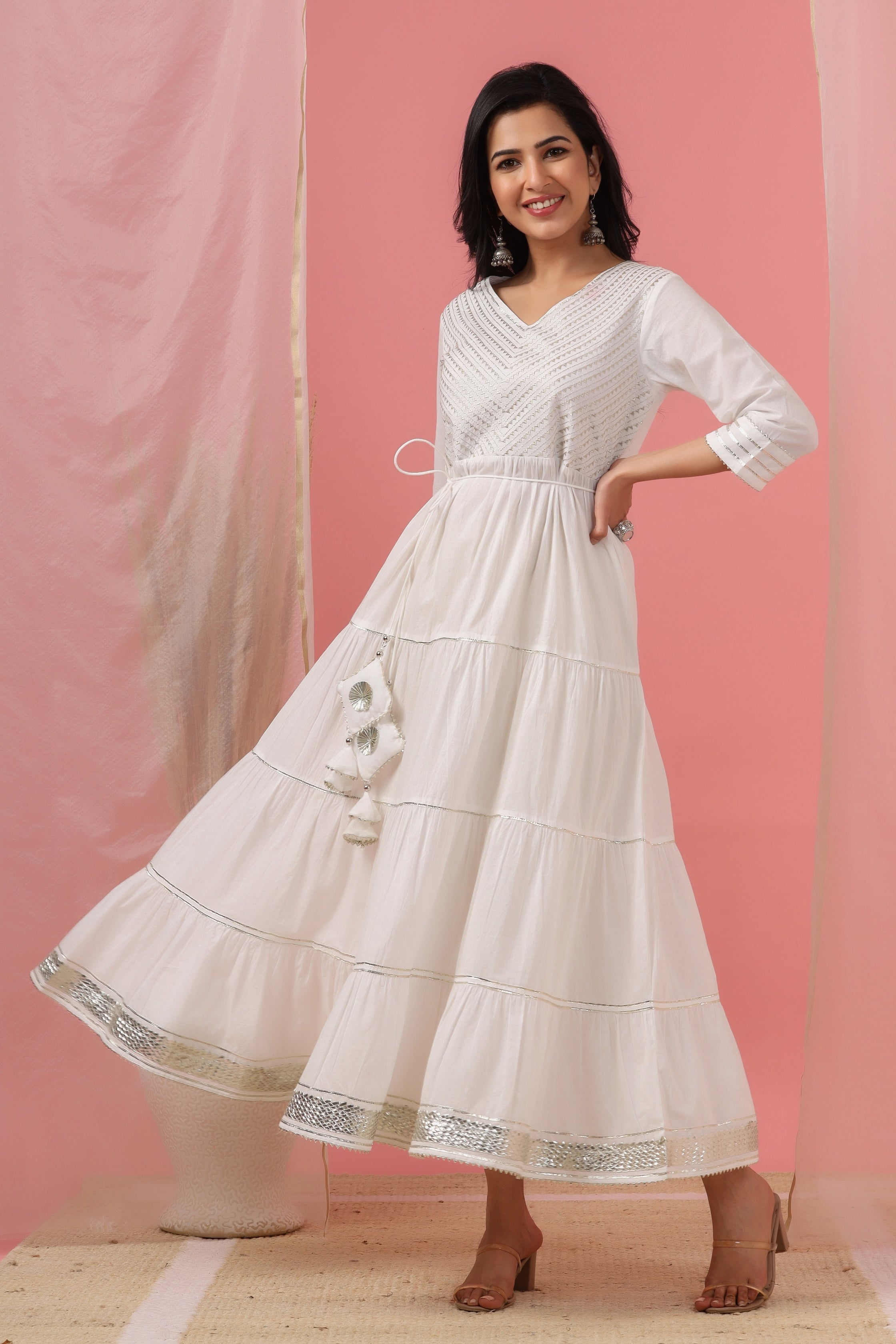 Juniper White Solid Pure Cotton Solid Tiered Maxi Dress With Gota Work Dori Tie-Up & Cushioned Tassels At Waist