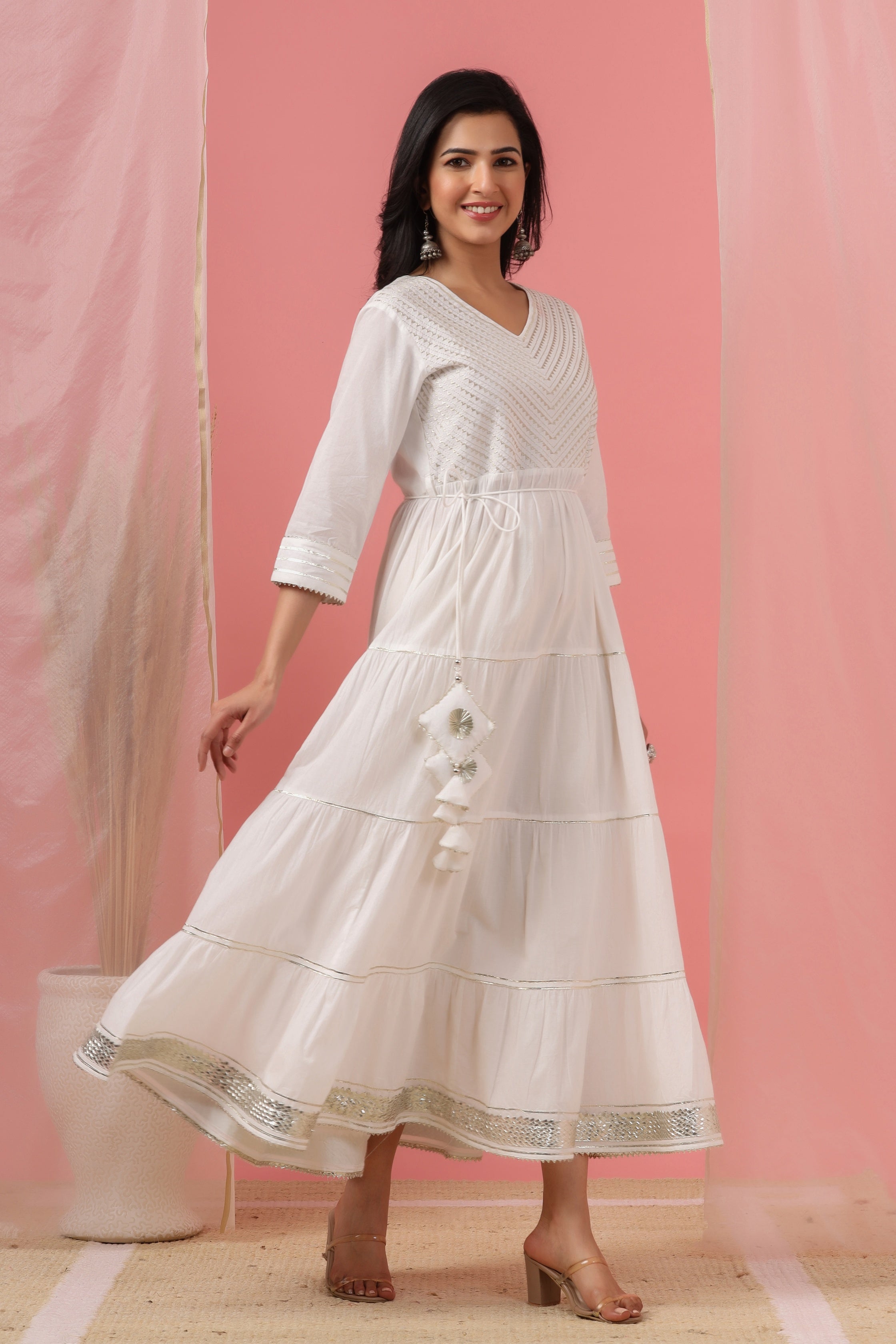 Juniper White Solid Pure Cotton Solid Tiered Maxi Dress With Gota Work Dori Tie-Up & Cushioned Tassels At Waist