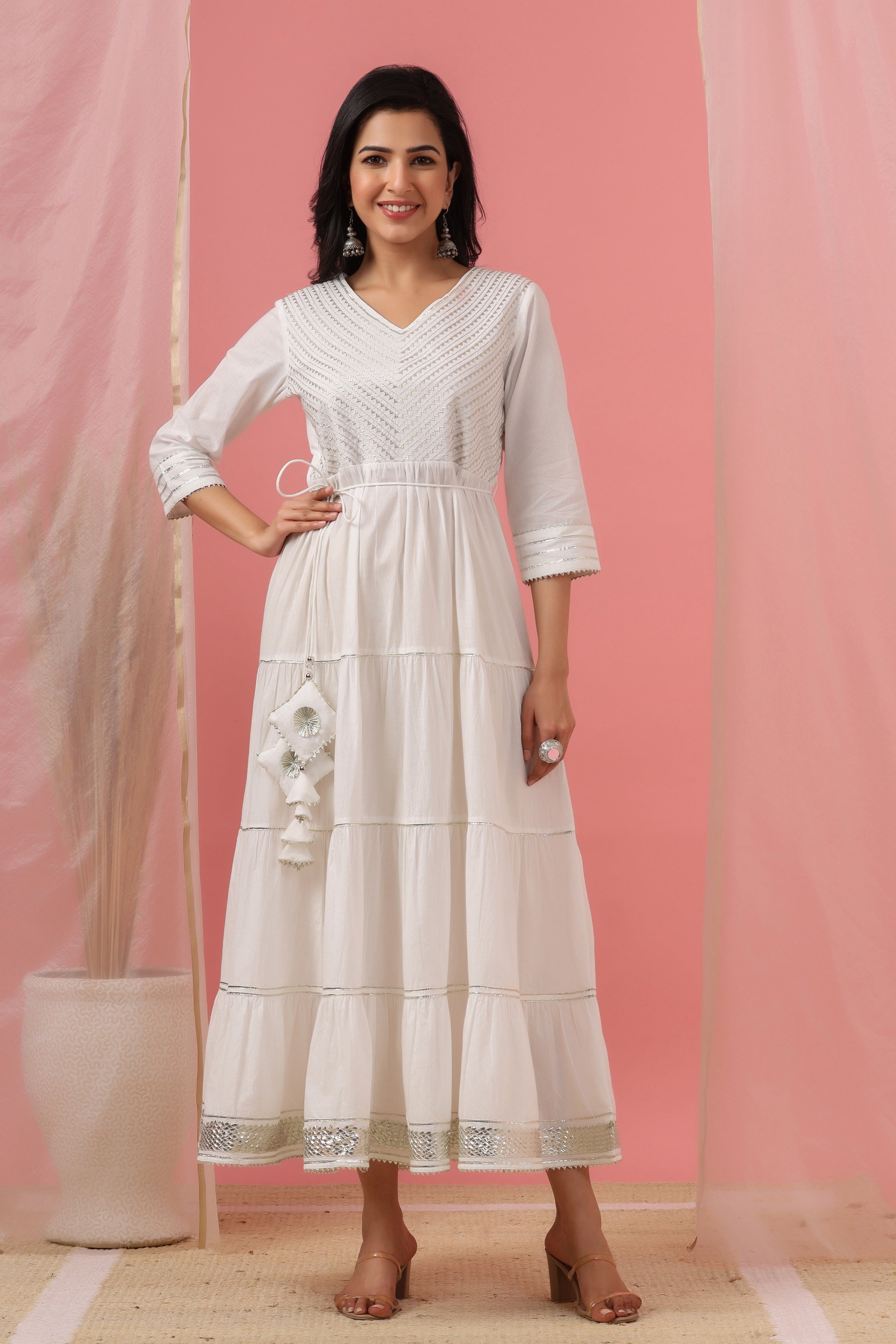 Juniper White Solid Pure Cotton Solid Tiered Maxi Dress With Gota Work Dori Tie-Up & Cushioned Tassels At Waist