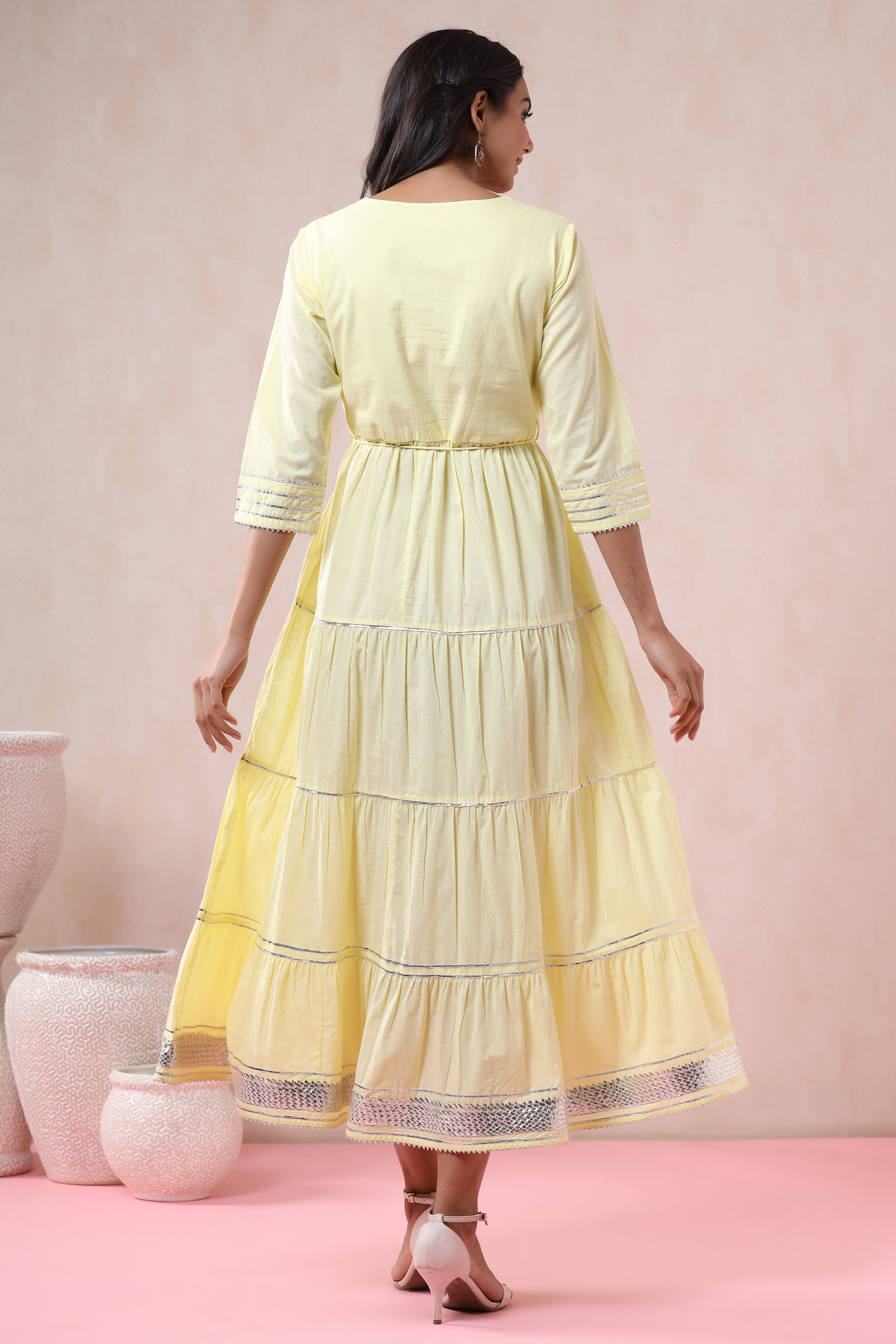 Juniper Yellow Solid Pure Cotton Solid Tiered Maxi Dress With Gota Work Dori Tie-Up & Cushioned Tassels At Waist