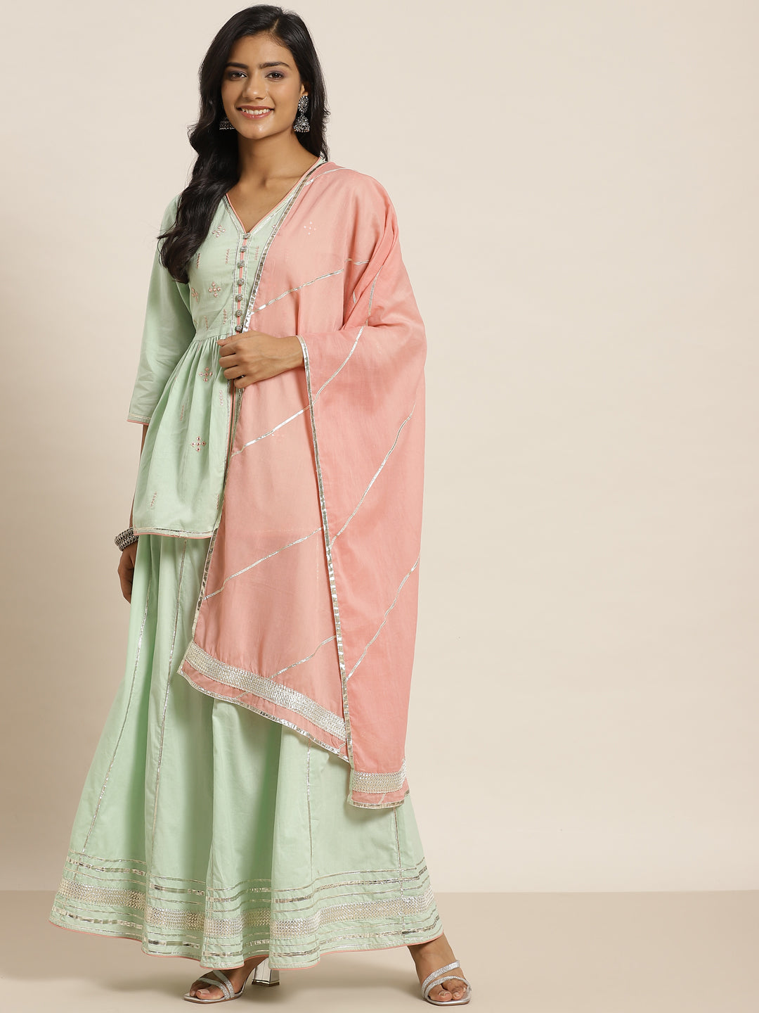 Juniper Women`s Pistagreen Cambric Embroidered Peplum Kurta Sets