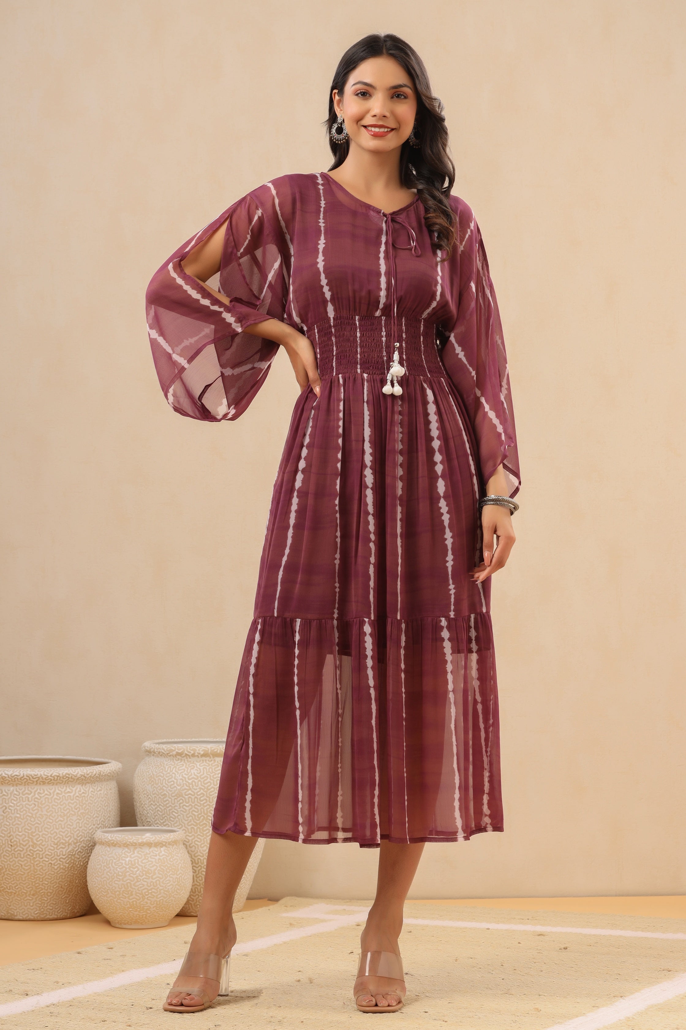 Juniper Women`s Purple Chiffon Printed Tiered Dress