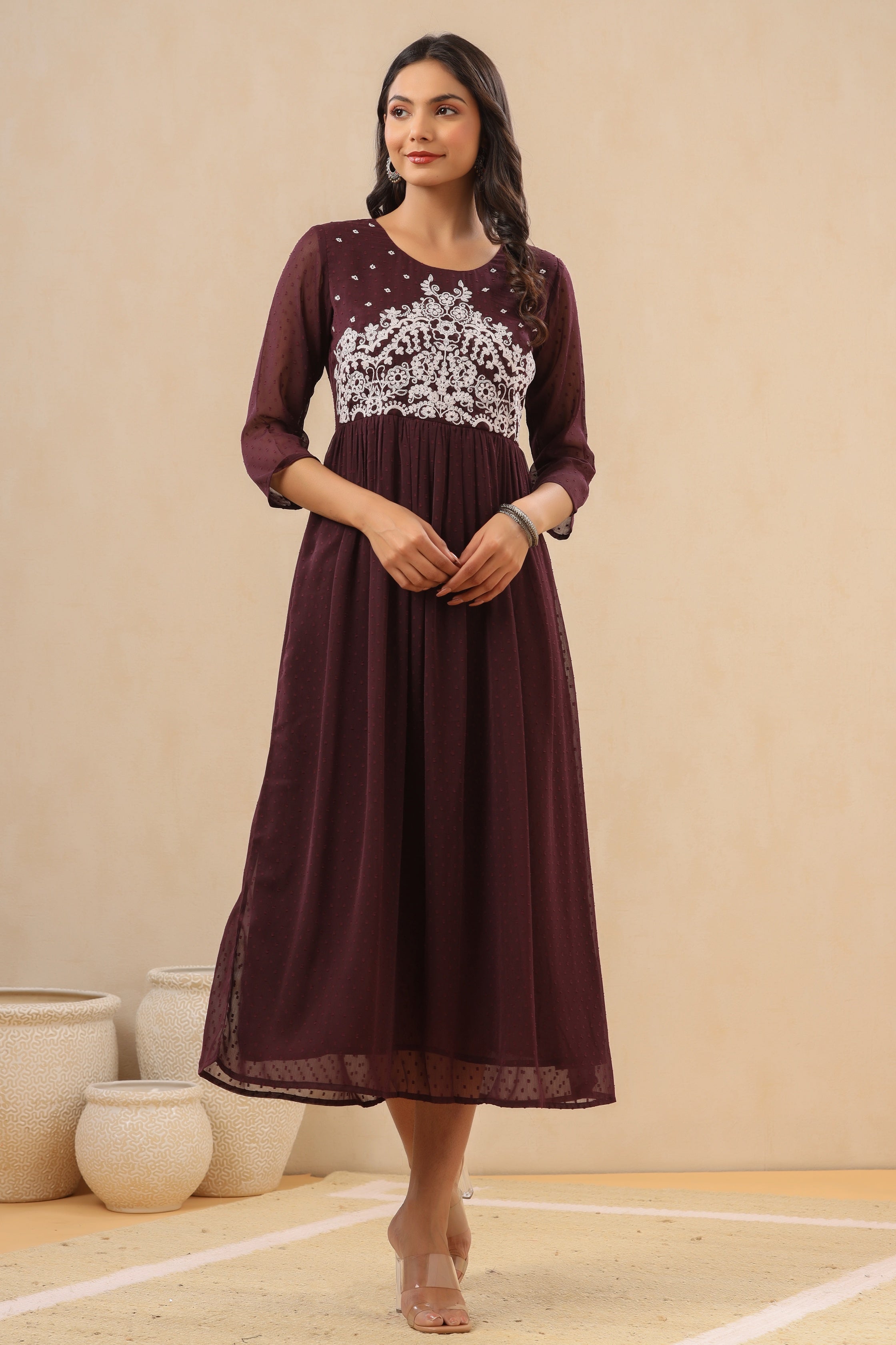 Juniper Women`s Purple Chiffon Solid Flared Dress