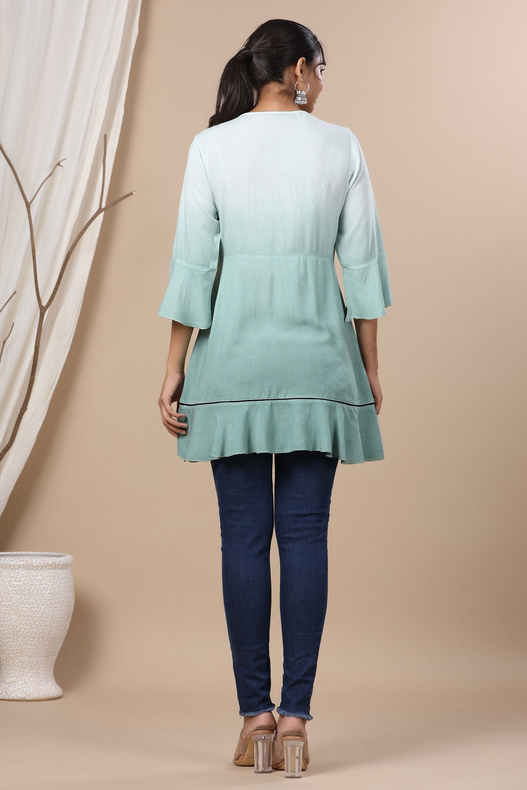 Juniper Sage Green Rayon Ombre A-Line Tunic With Embroidered Yoke