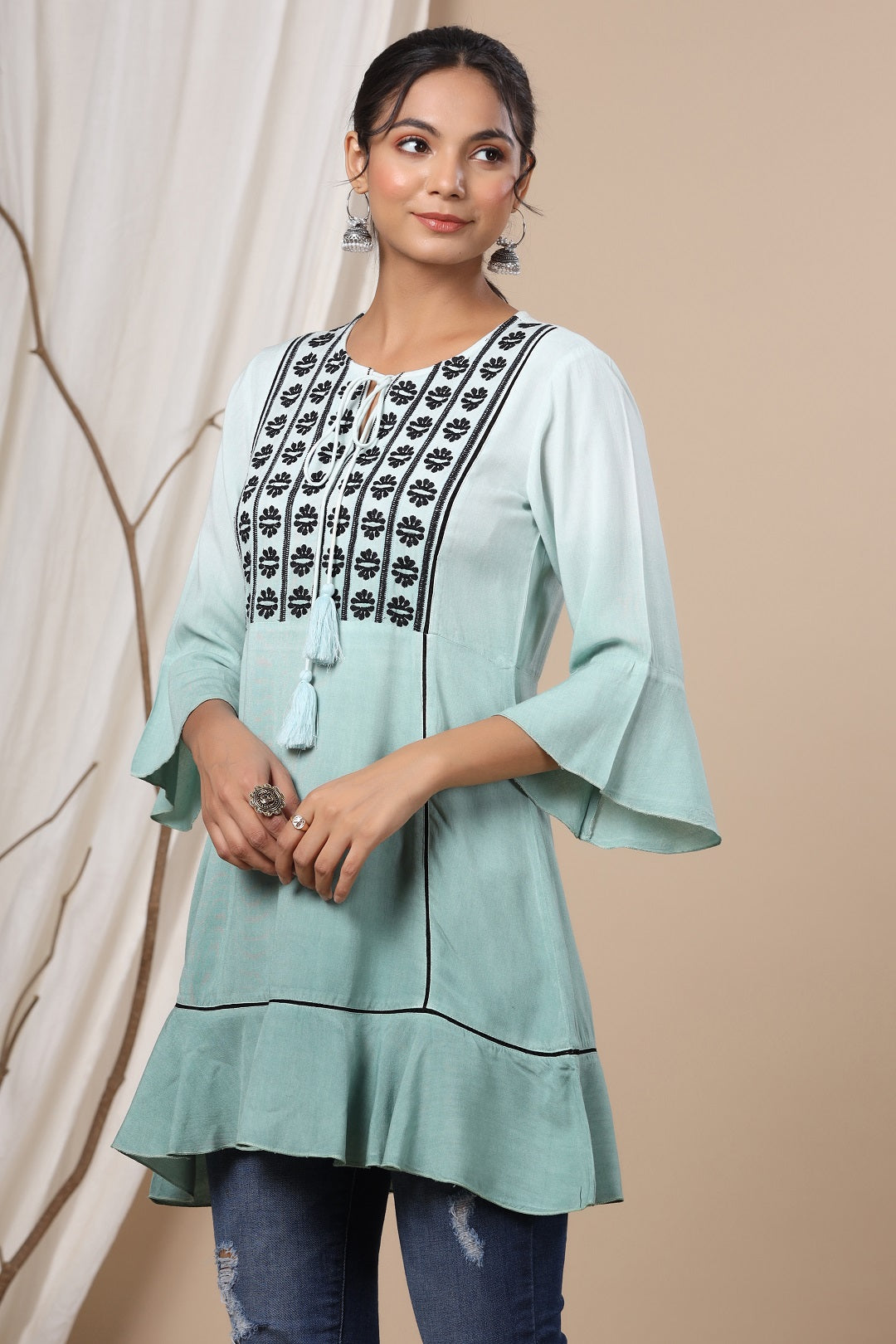 Juniper Sage Green Rayon Ombre A-Line Tunic With Embroidered Yoke