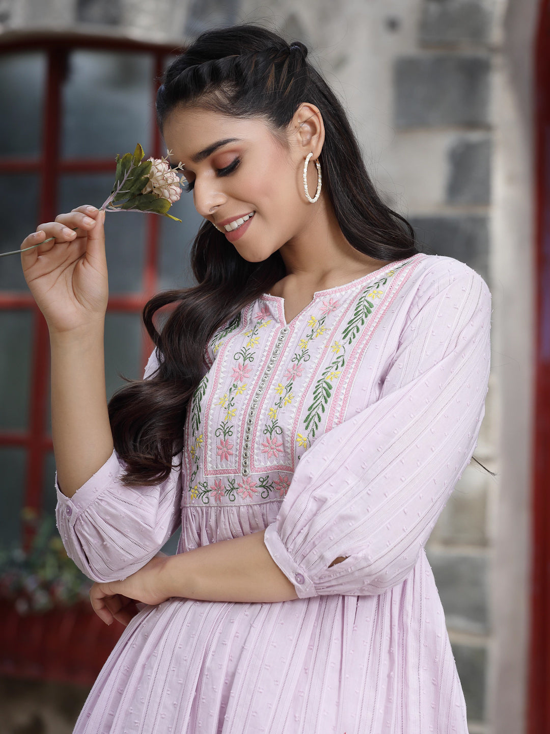 Juniper Women's Lavender Cotton Dobby Embroidered A-Line Short Dress