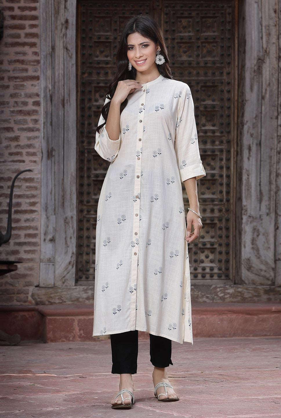 Off White Floral Printed Liva Rayon Kurta With Button Closure