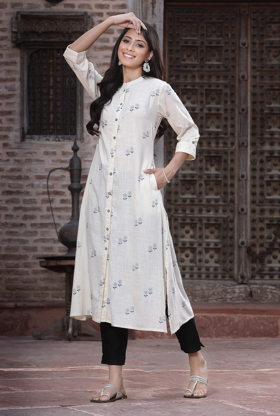 Off White Floral Printed Liva Rayon Kurta With Button Closure