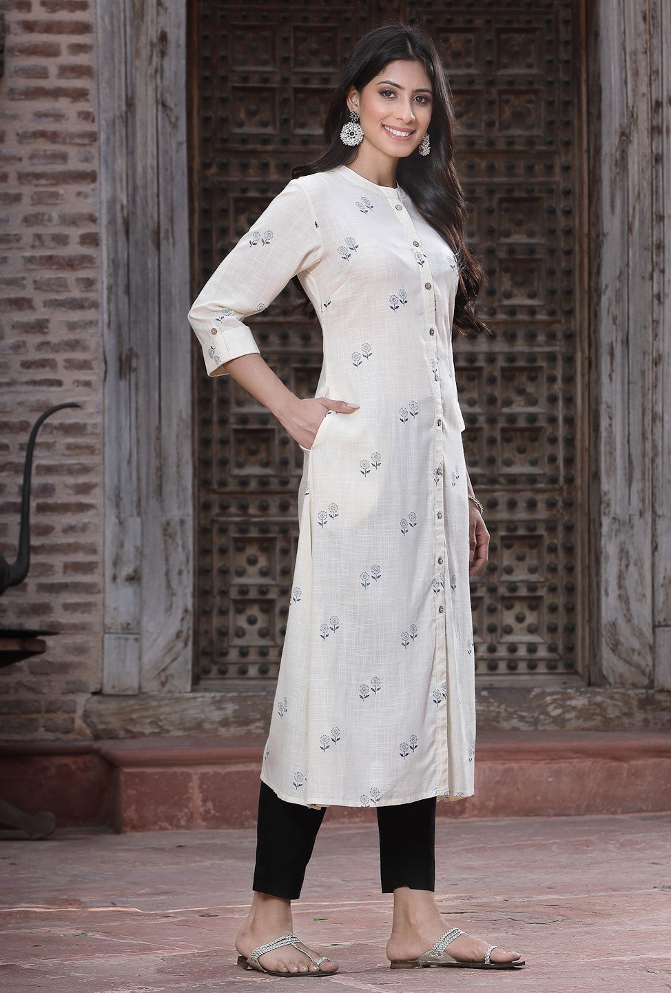 Off White Floral Printed Liva Rayon Kurta With Button Closure