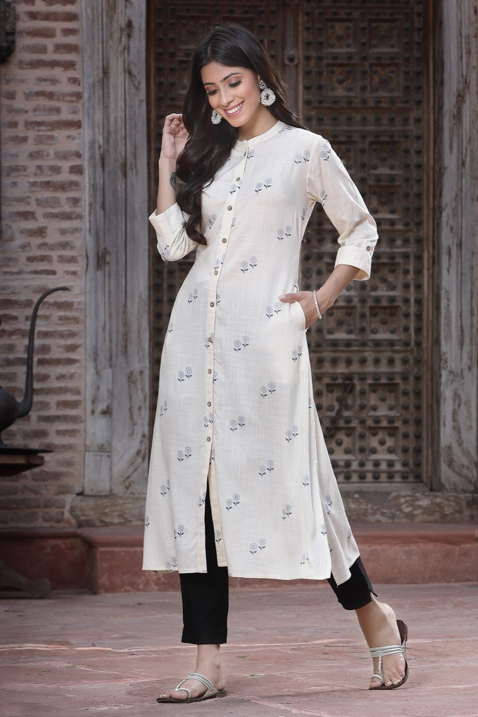 Off White Floral Printed Liva Rayon Kurta With Button Closure