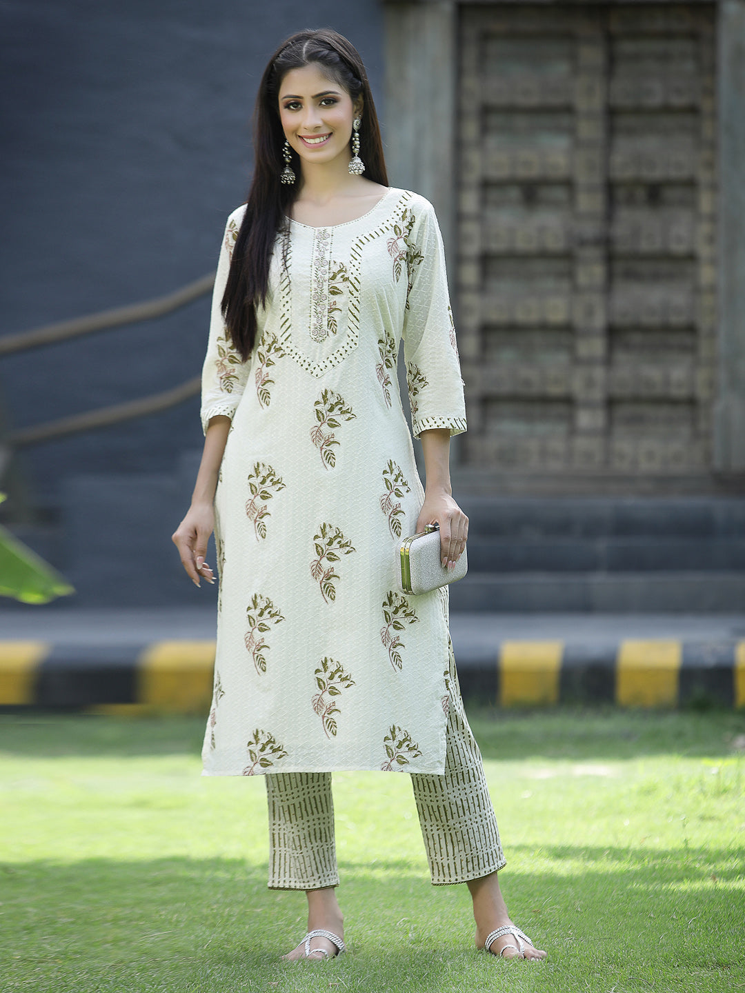 Juniper Off White Cotton Dobby Festive Printed Straight Kurta Sets For Women