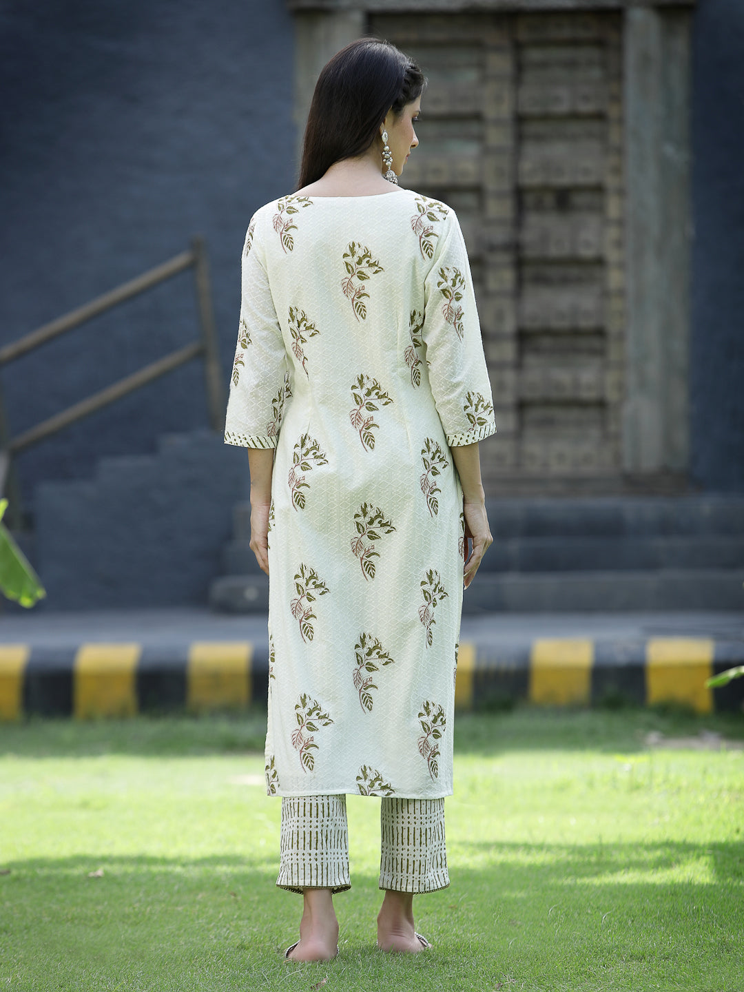 Juniper Off White Cotton Dobby Festive Printed Straight Kurta Sets For Women
