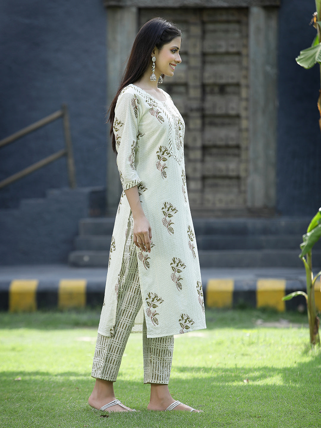 Juniper Off White Cotton Dobby Festive Printed Straight Kurta Sets For Women