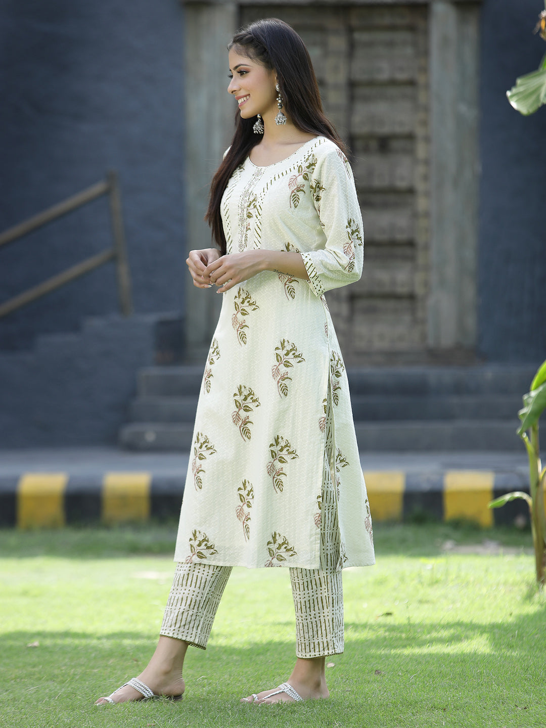 Juniper Off White Cotton Dobby Festive Printed Straight Kurta Sets For Women