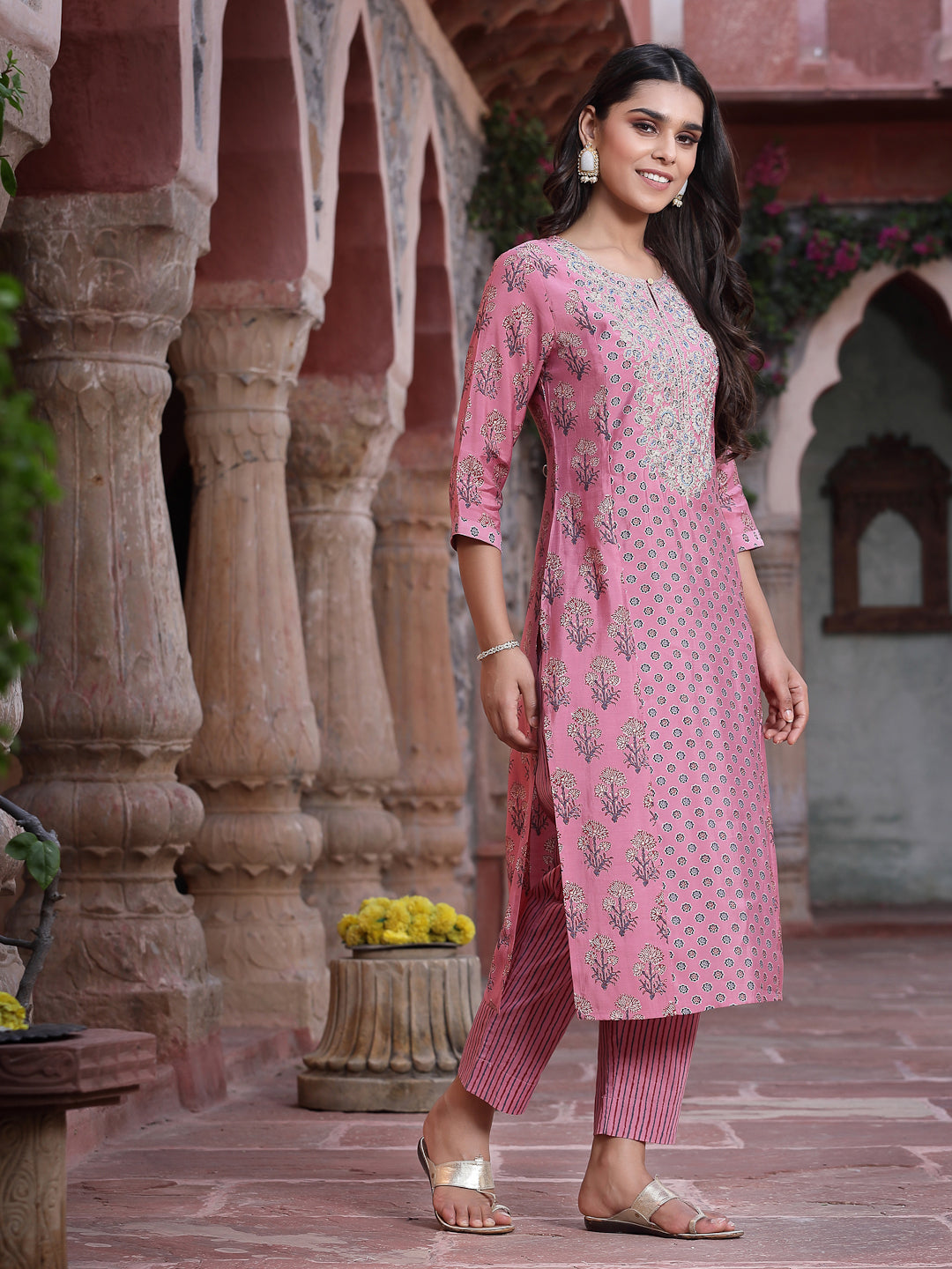 Juniper Pink Ethnic Motif Printed Muslin Straight Kurta & Pure Cotton Pants Set With Zari Work.