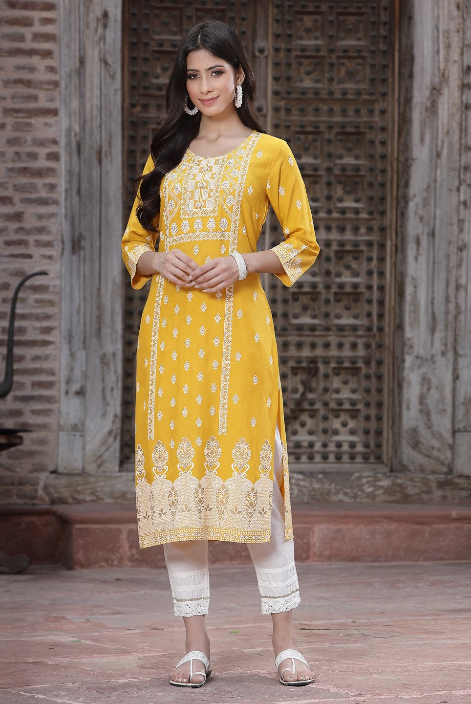 Mustard Ethnic Motif Printed Liva Rayon Kurta With Sequins & Buttons