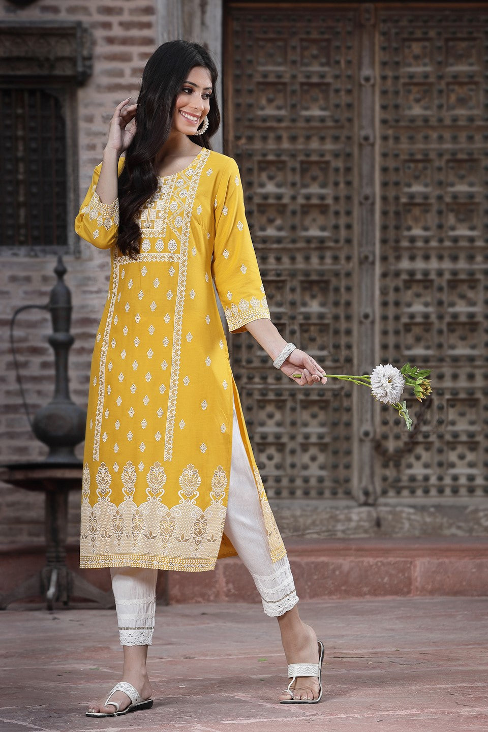 Mustard Ethnic Motif Printed Liva Rayon Kurta With Sequins & Buttons