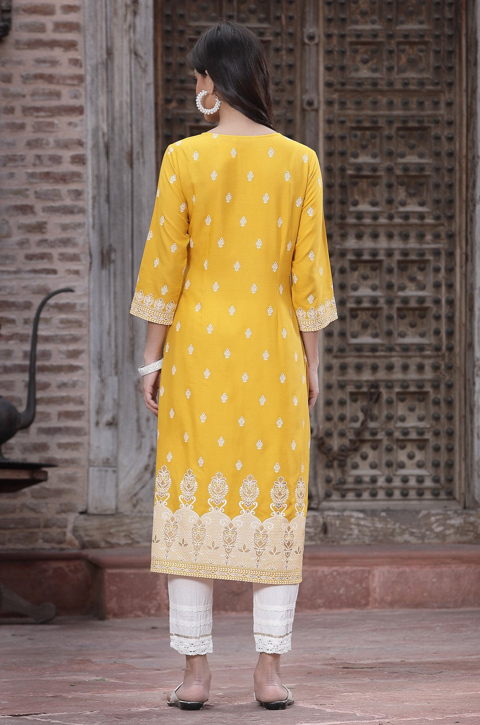 Mustard Ethnic Motif Printed Liva Rayon Kurta With Sequins & Buttons