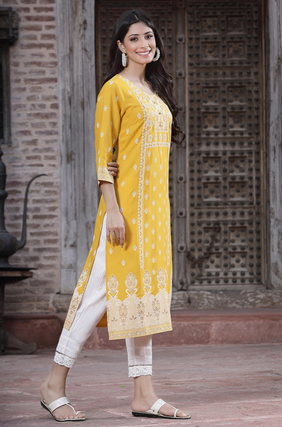 Mustard Ethnic Motif Printed Liva Rayon Kurta With Sequins & Buttons