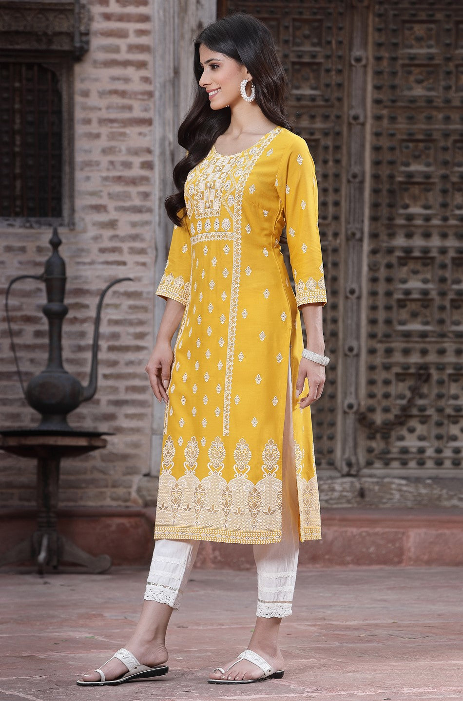 Mustard Ethnic Motif Printed Liva Rayon Kurta With Sequins & Buttons