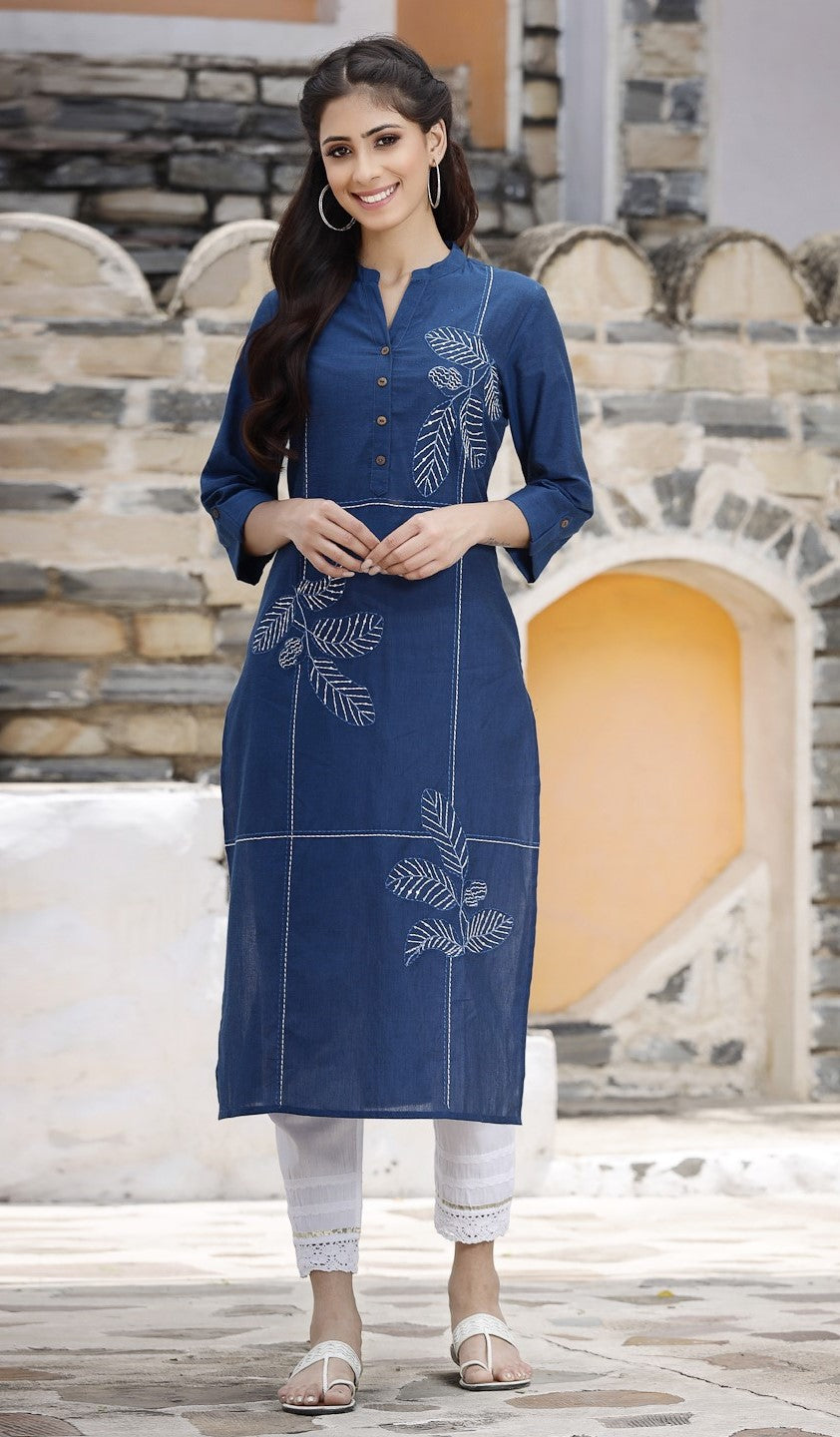 Royal Blue Thread Embroidered Cotton Kurta With Buttons