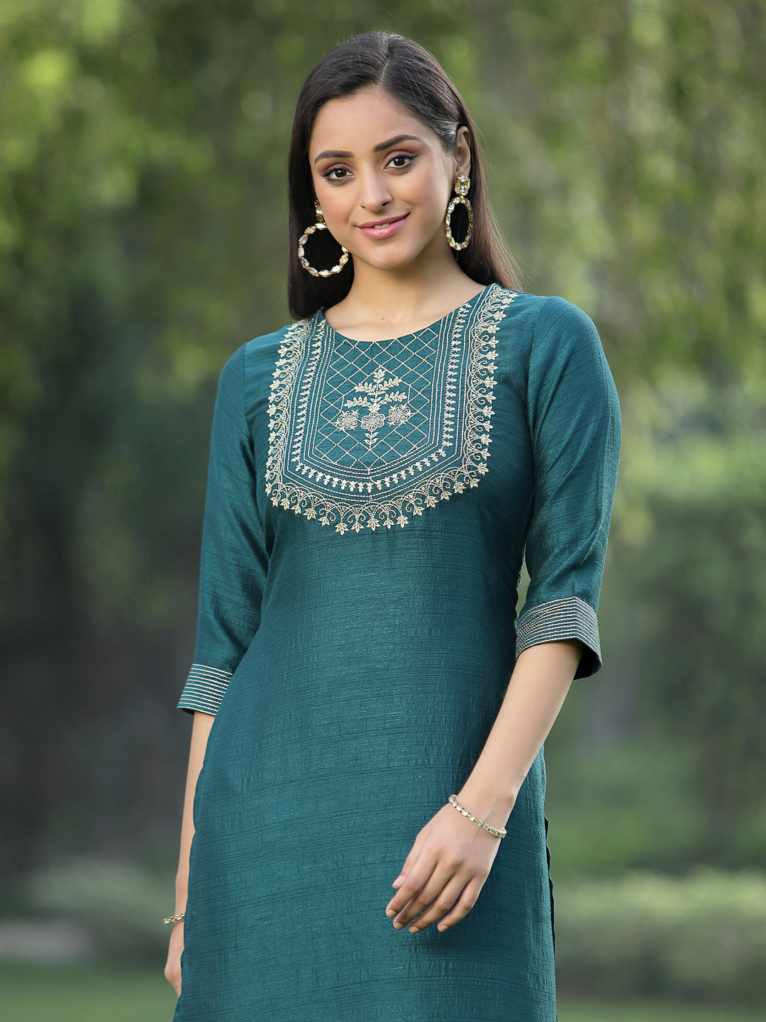 Green Soild Silk Kurta With Zari Work & Sequins