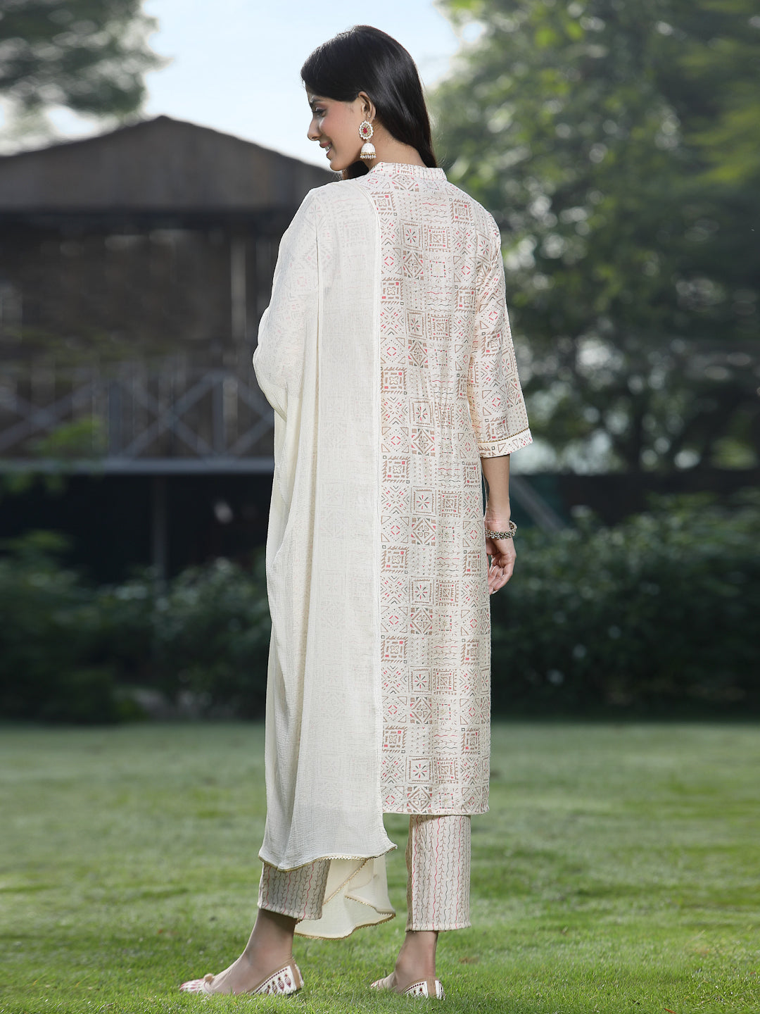 Juniper Off-White Geometric Printed Viscose Muslin Kurta Pants & Dupatta Set With Mirror Work Embroidery.