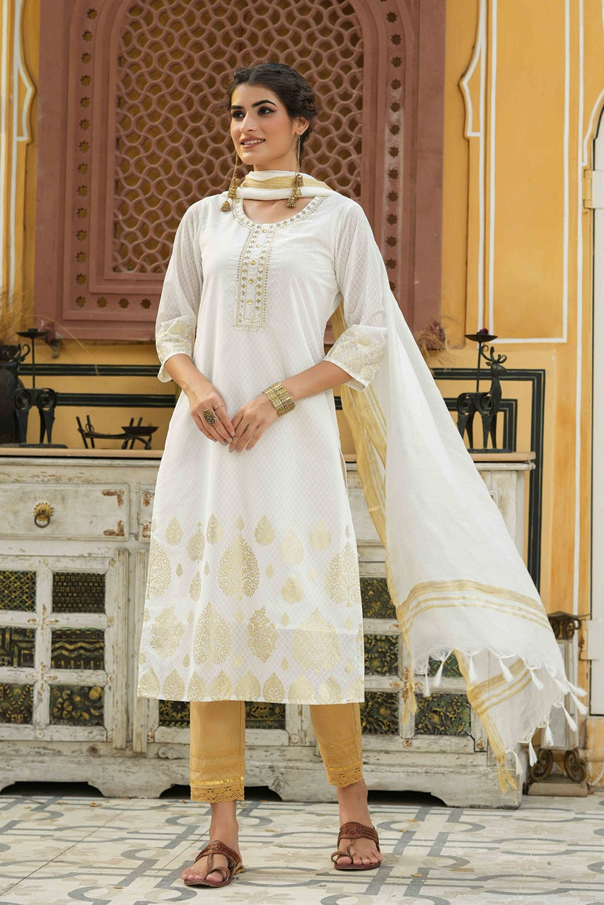 Juniper Off-White Ethnic Motif Printed & Embroidered Georgette Kurta & Silk Dupatta Set