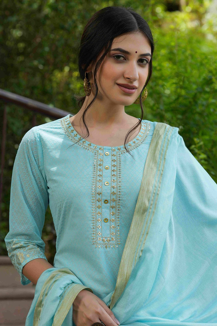 Juniper Sky Blue Georgette Festive Printed Straight Kurta Dupatta Set For Women