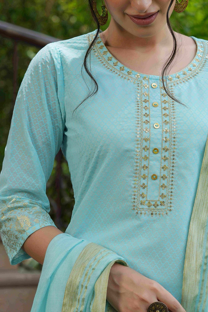Juniper Sky Blue Georgette Festive Printed Straight Kurta Dupatta Set For Women