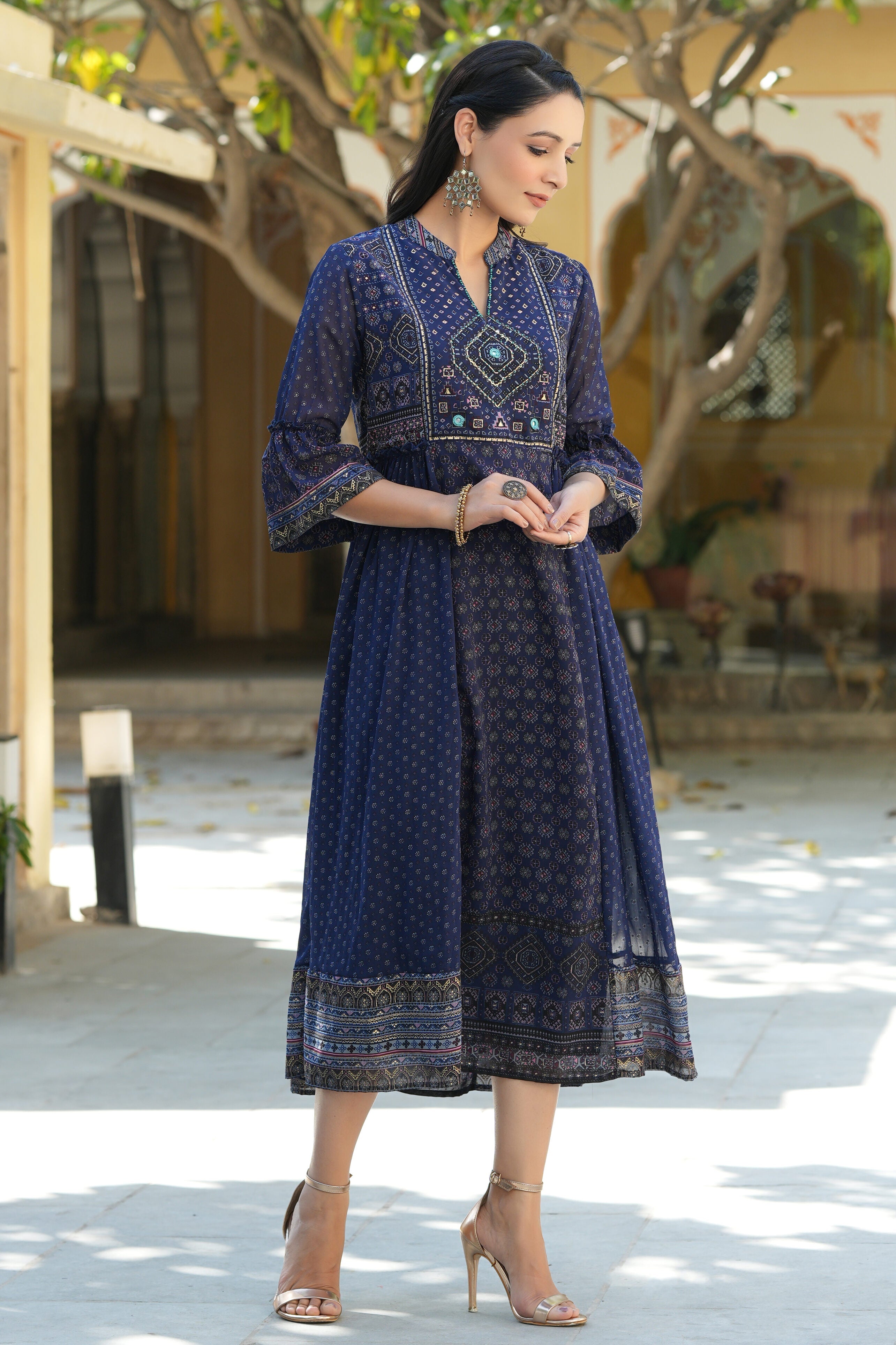 Juniper Indigo Ethnic Motif Printed Georgette Flared Dress.