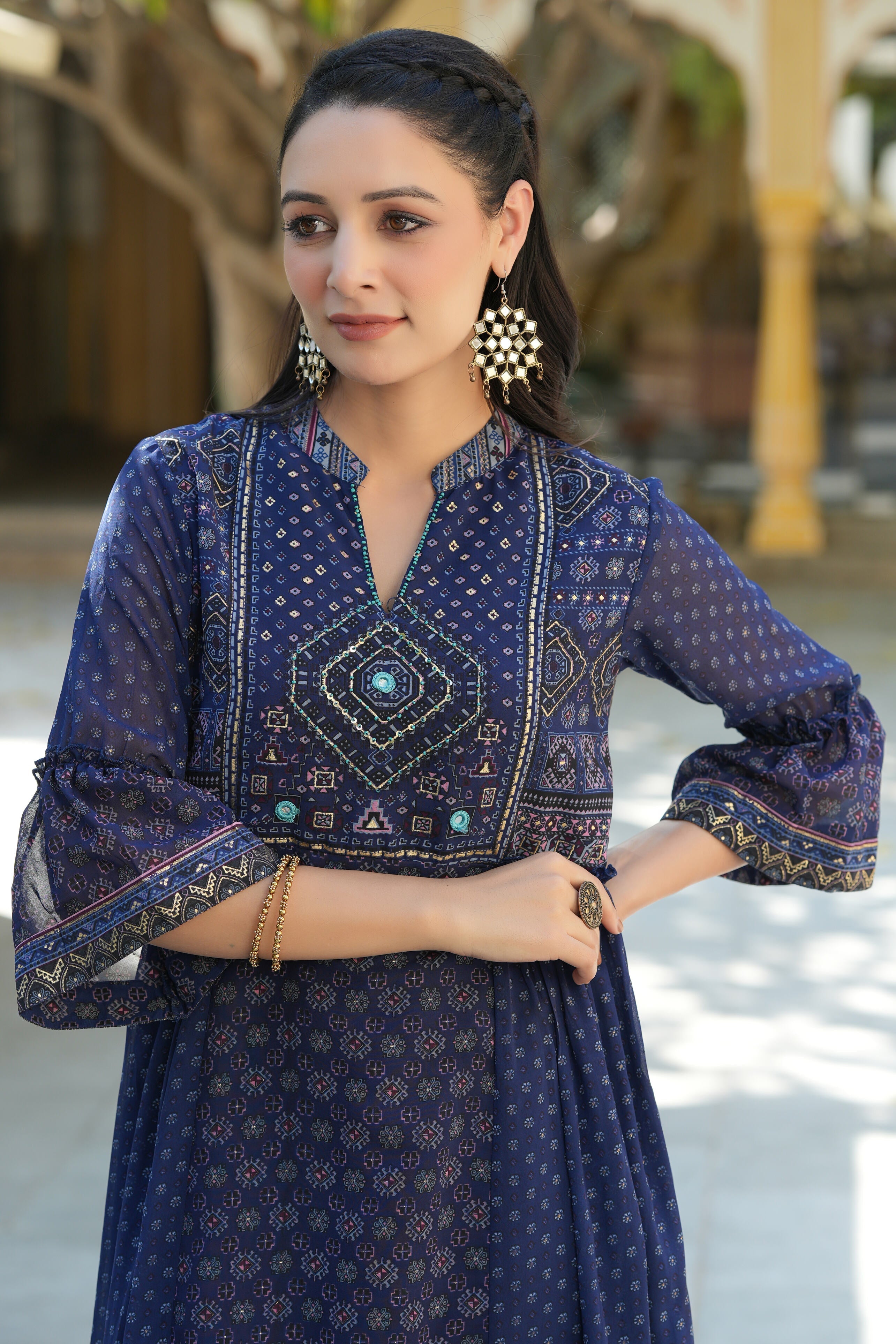 Juniper Indigo Ethnic Motif Printed Georgette Flared Dress.