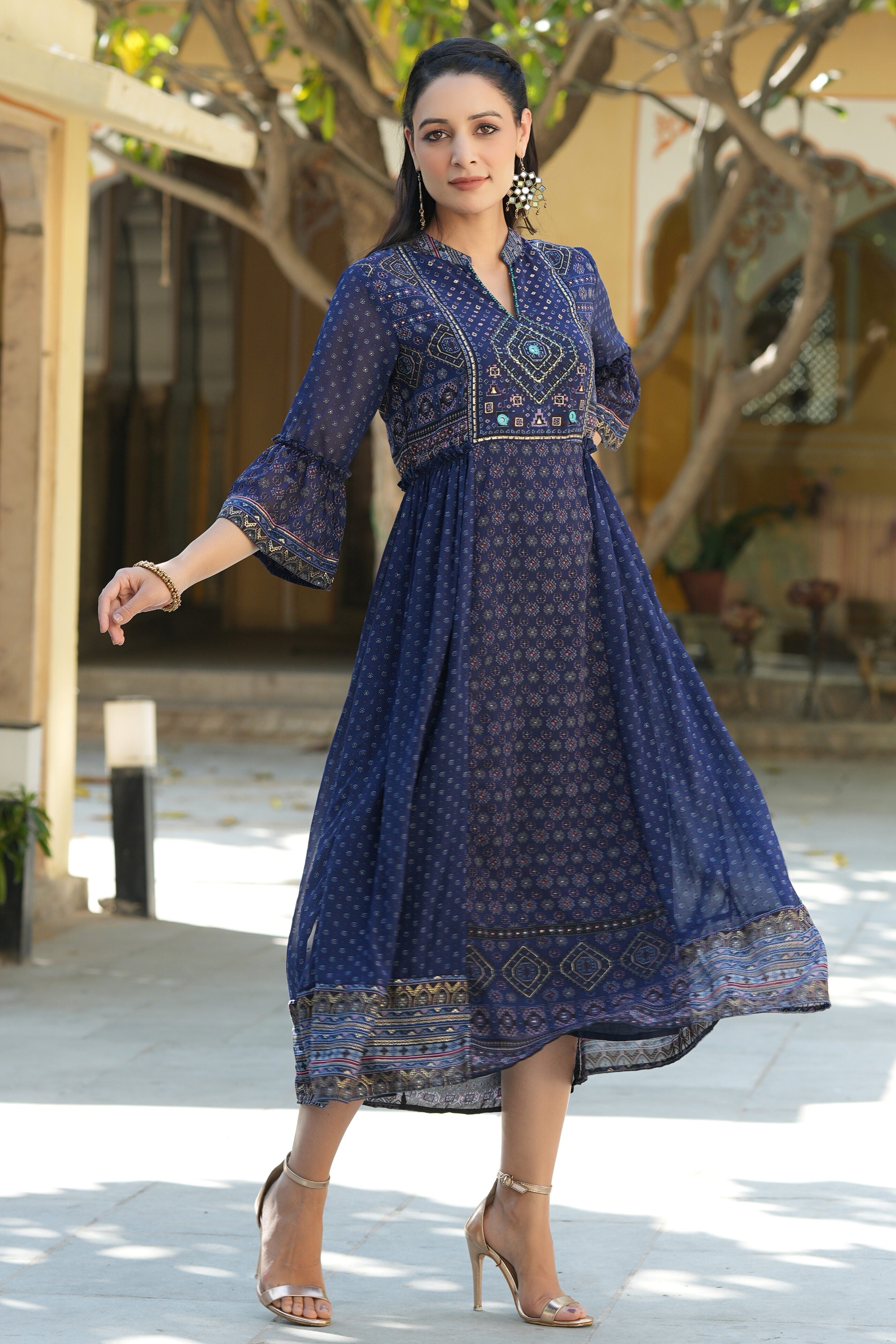 Juniper Indigo Ethnic Motif Printed Georgette Flared Dress.