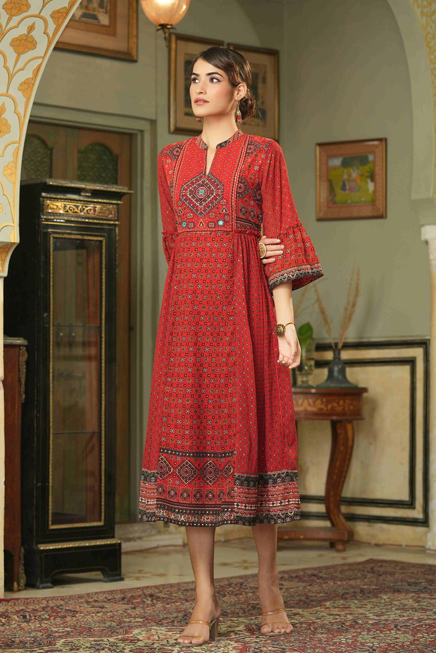 Juniper Red Ethnic Motif Printed Georgette Flared Dress.