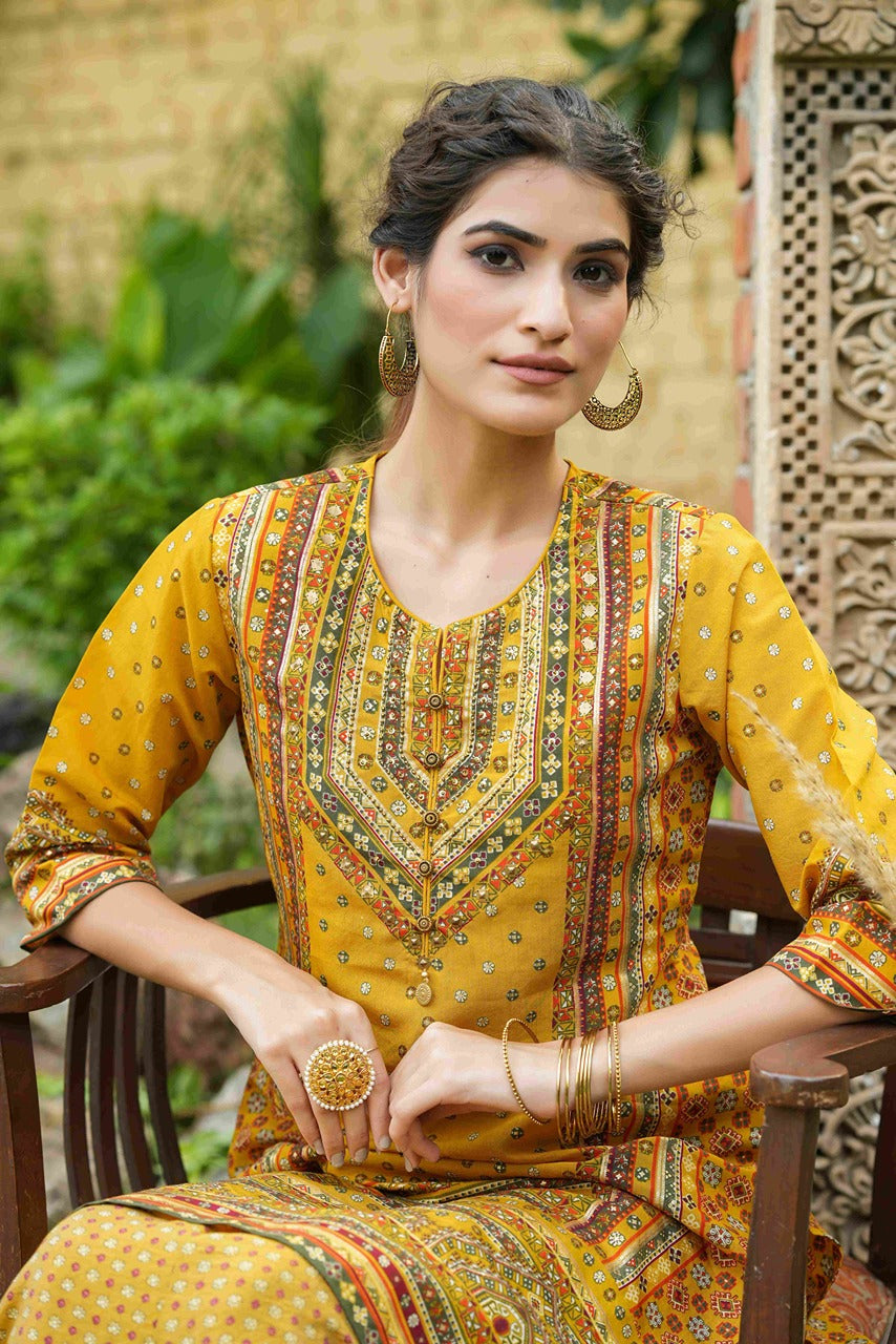 Juniper Mustard Chanderi Festive Printed Flared Kurta For Women
