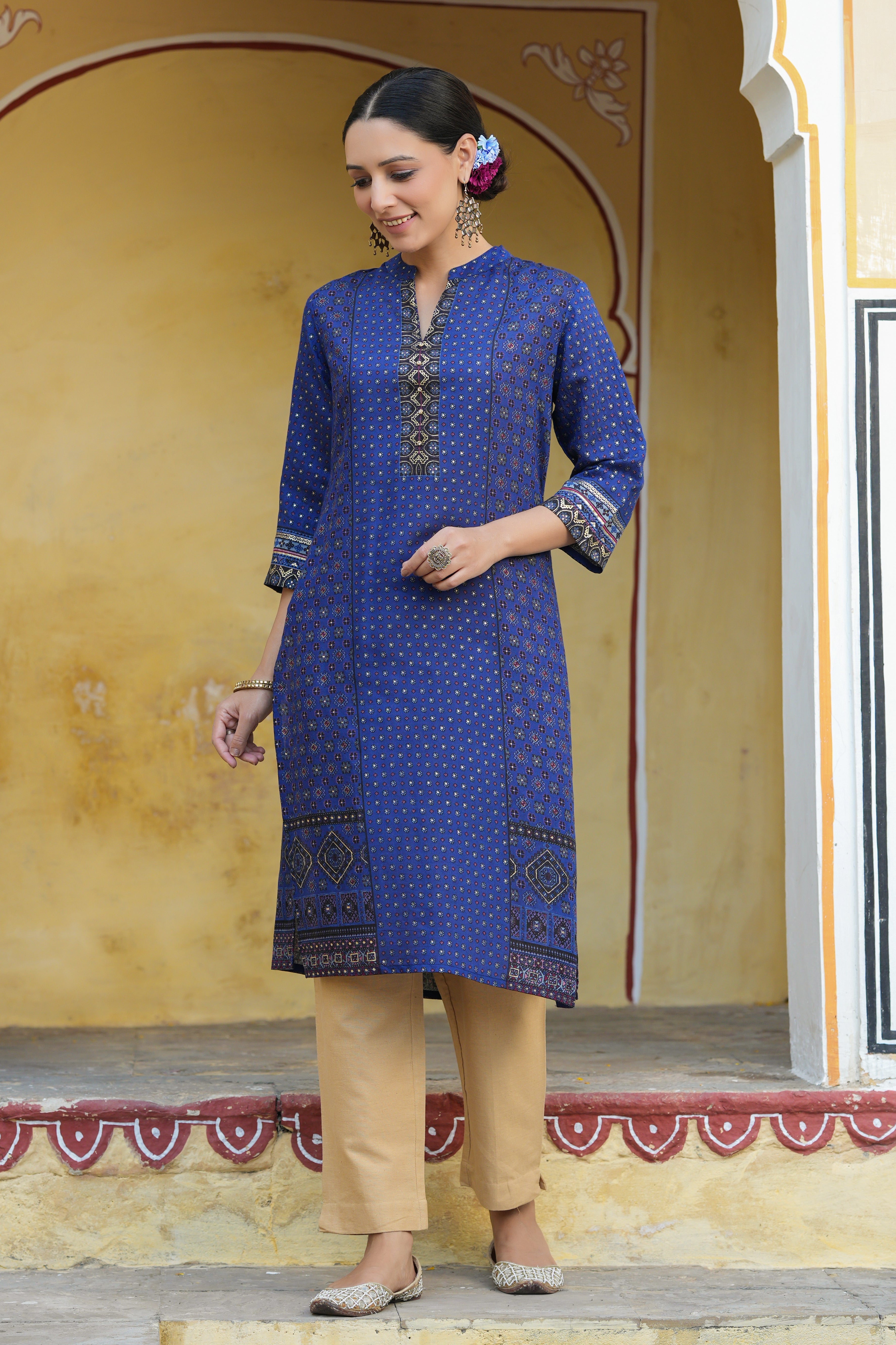 Juniper Indigo Rayon Festive Gold Foil Printed Straight Kurta For Women