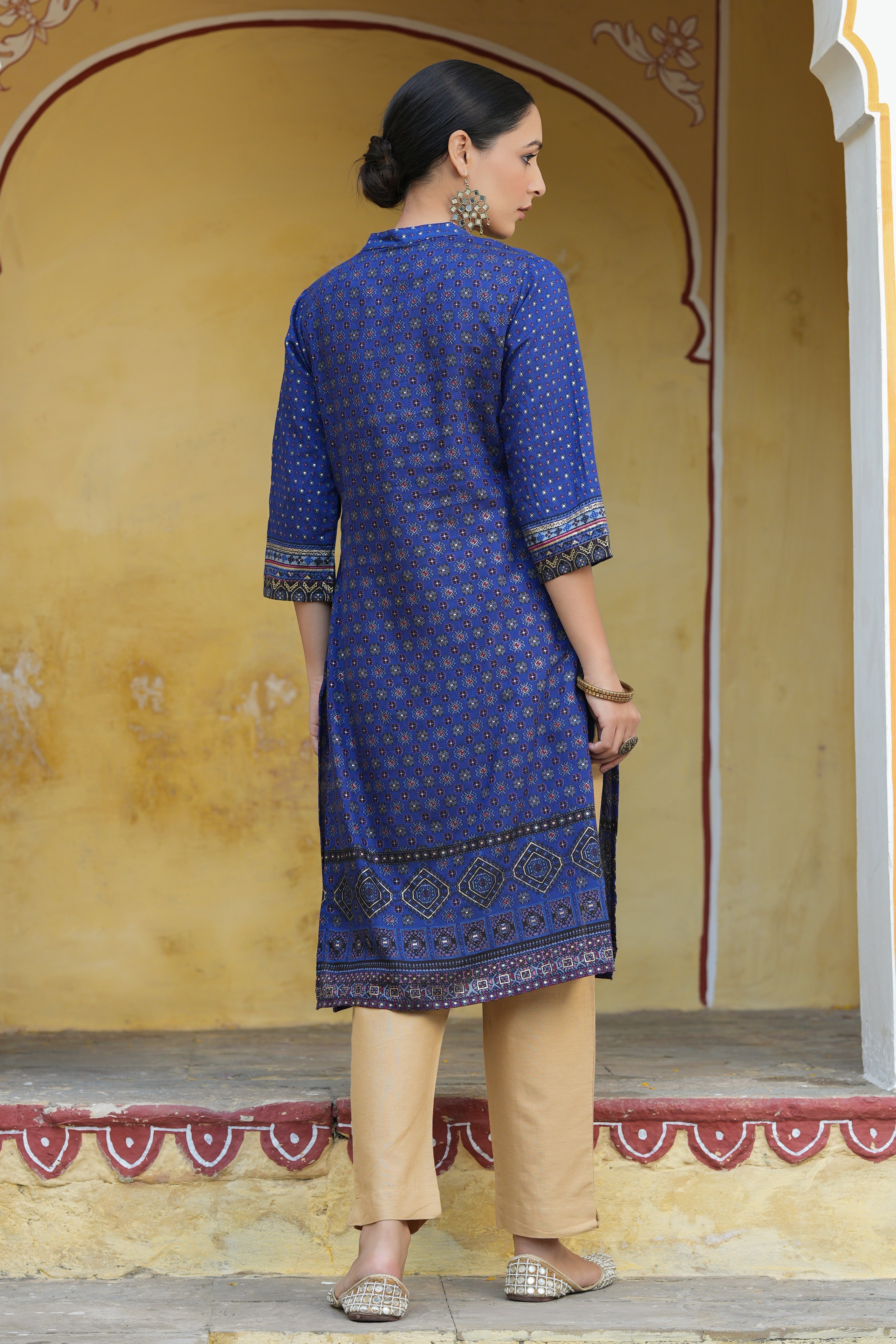 Juniper Indigo Rayon Festive Gold Foil Printed Straight Kurta For Women