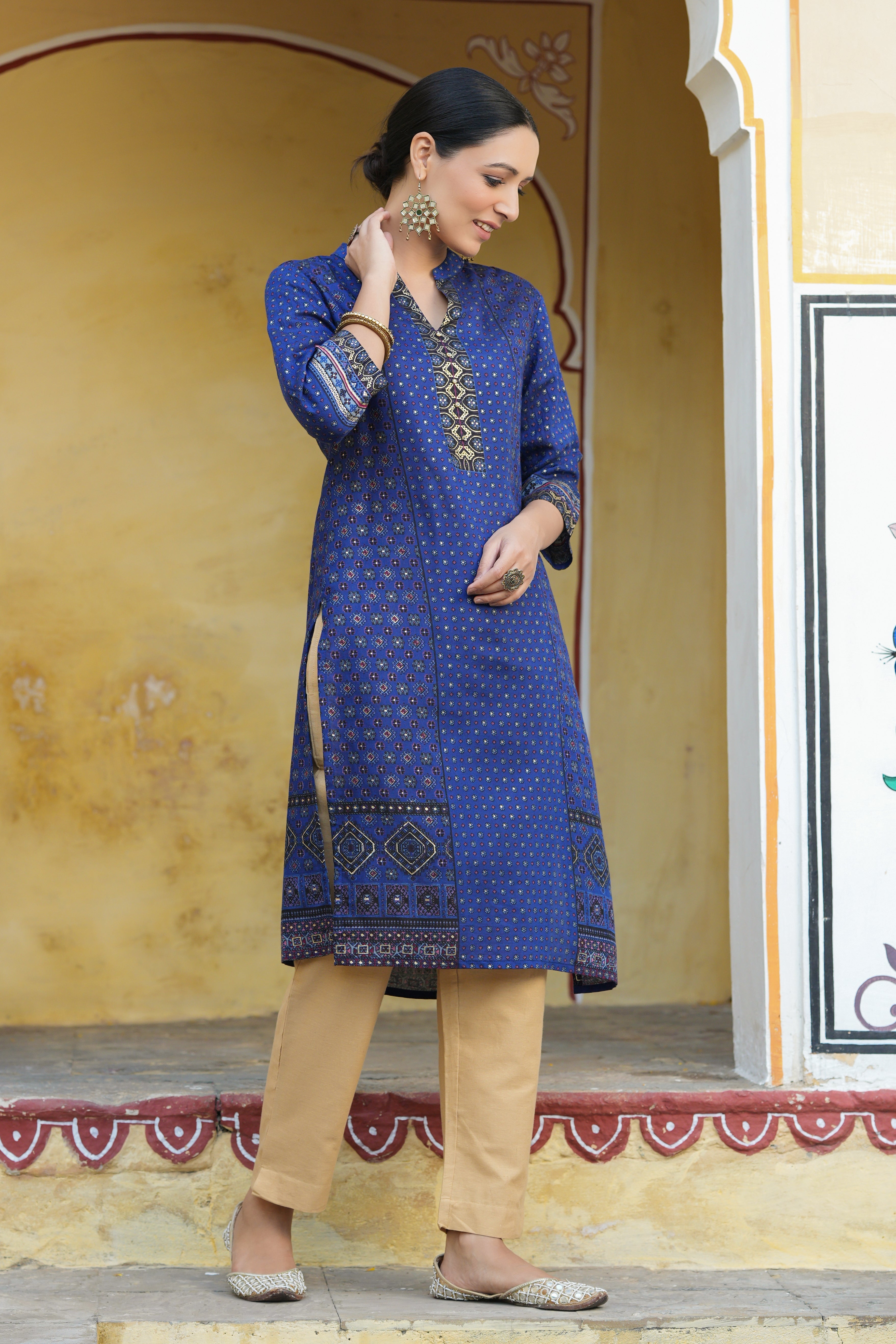 Juniper Indigo Rayon Festive Gold Foil Printed Straight Kurta For Women