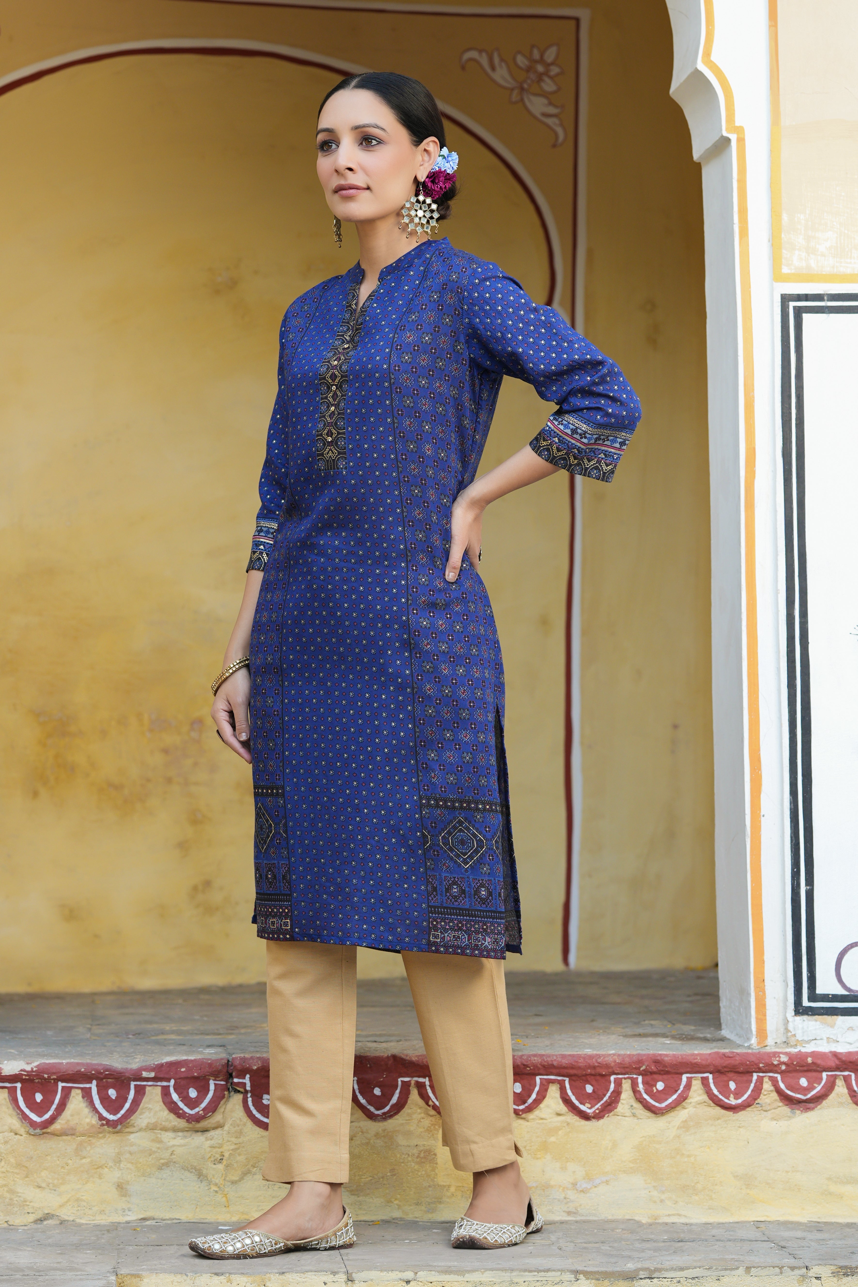 Juniper Indigo Rayon Festive Gold Foil Printed Straight Kurta For Women