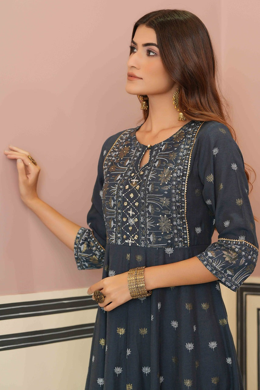 Juniper Teal Chanderi Festive Handwork Sequence Anarkali Kurta For Women