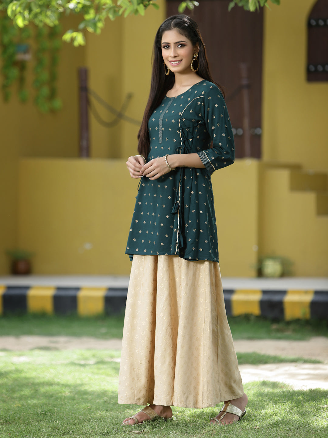 Juniper Green LIVA Rayon Festive Printed A-Line Tunic For Women