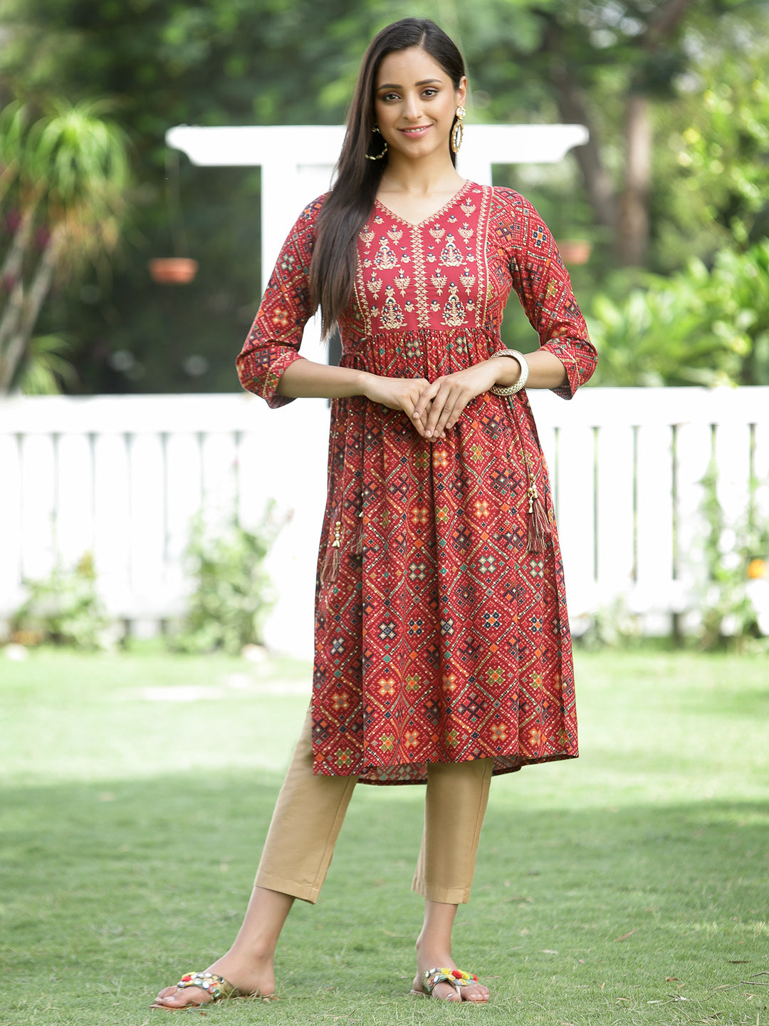 Juniper Red Geometric Printed & Embroidered Rayon Kurta