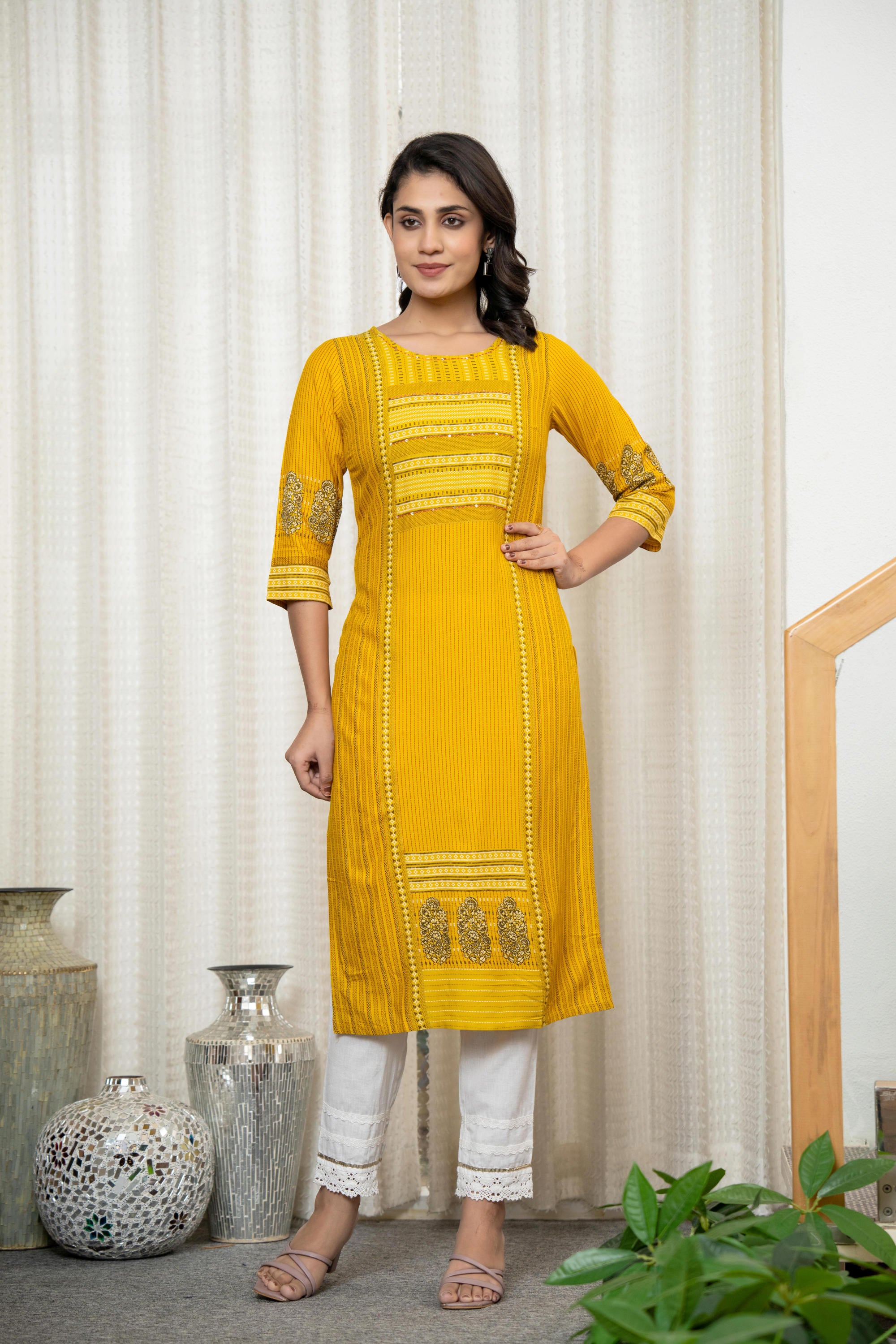 Mustard Ethnic Motif Printed Liva Rayon Kurta With Sequins & Thread Work