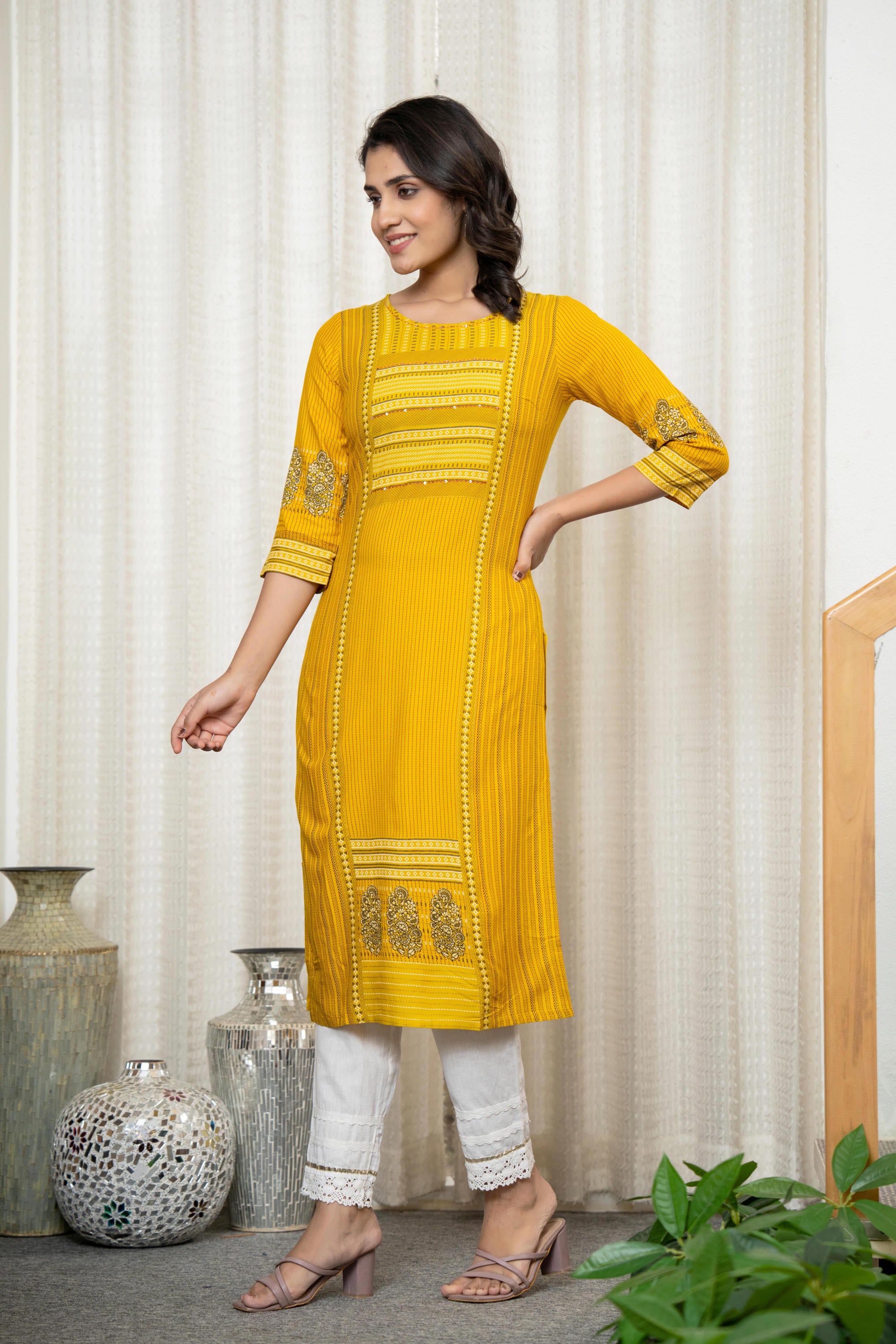 Mustard Ethnic Motif Printed Liva Rayon Kurta With Sequins & Thread Work