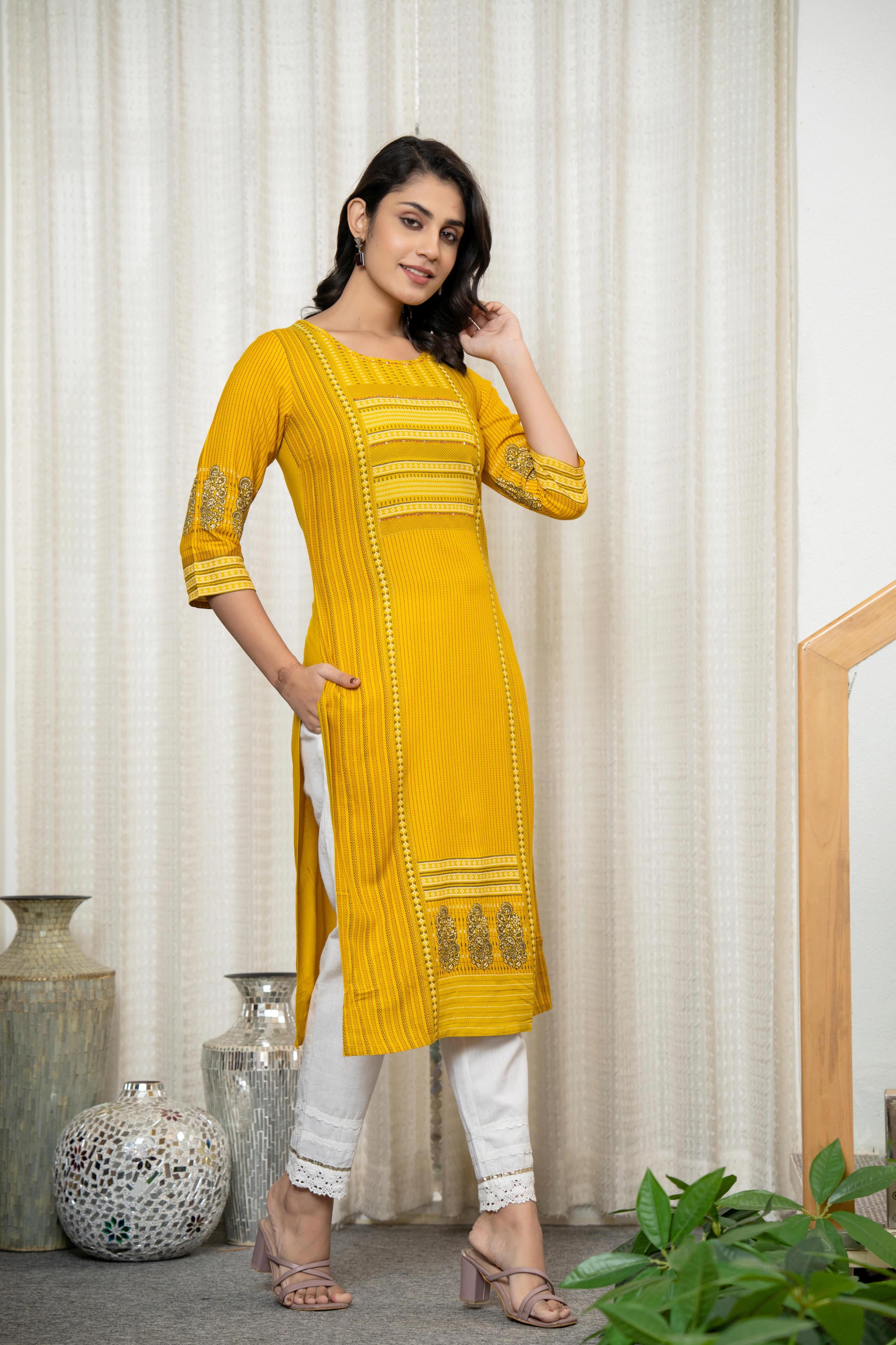 Mustard Ethnic Motif Printed Liva Rayon Kurta With Sequins & Thread Work