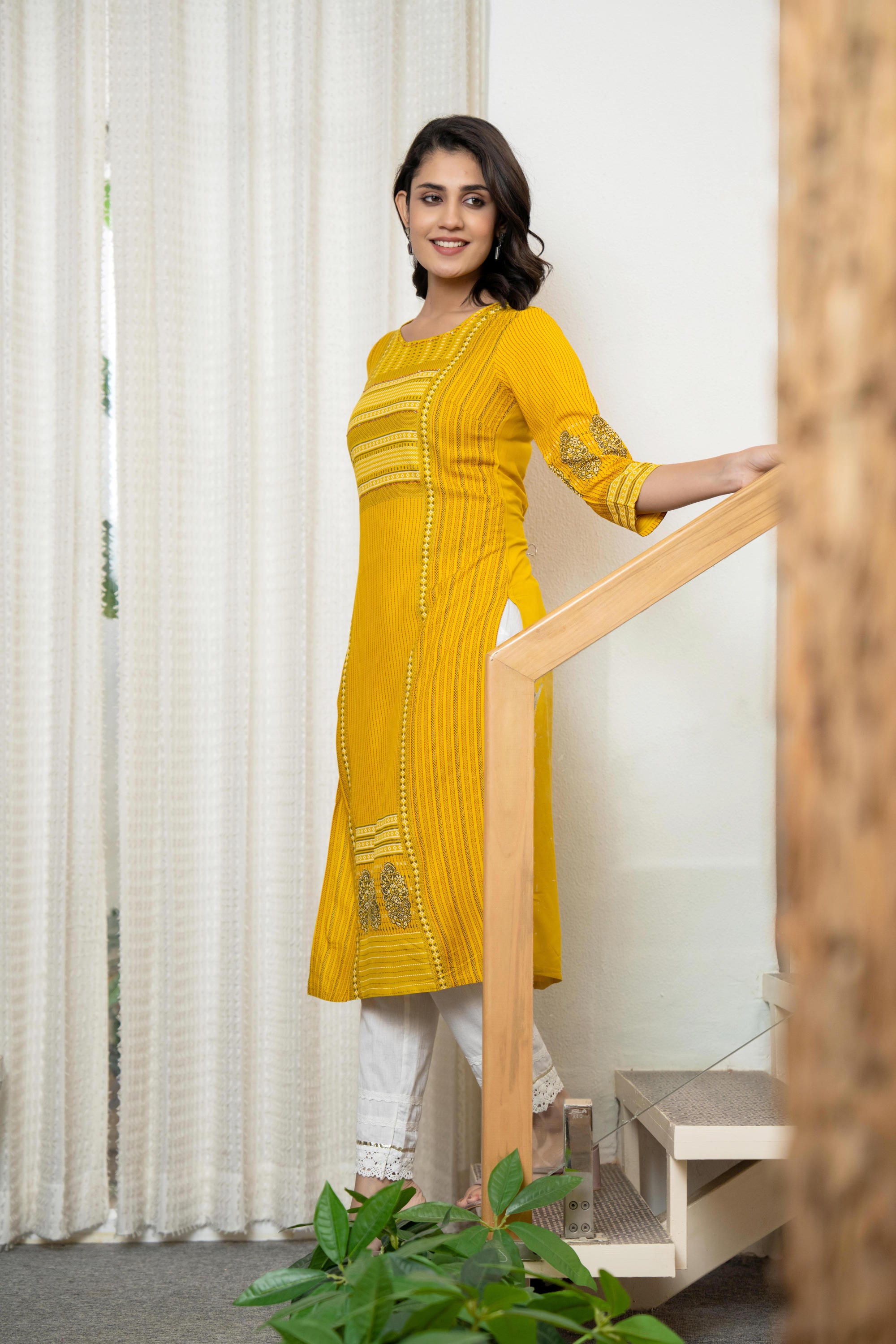 Mustard Ethnic Motif Printed Liva Rayon Kurta With Sequins & Thread Work