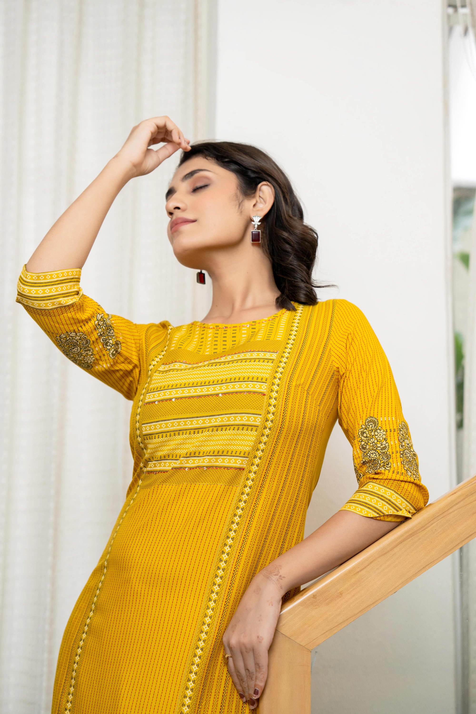 Mustard Ethnic Motif Printed Liva Rayon Kurta With Sequins & Thread Work