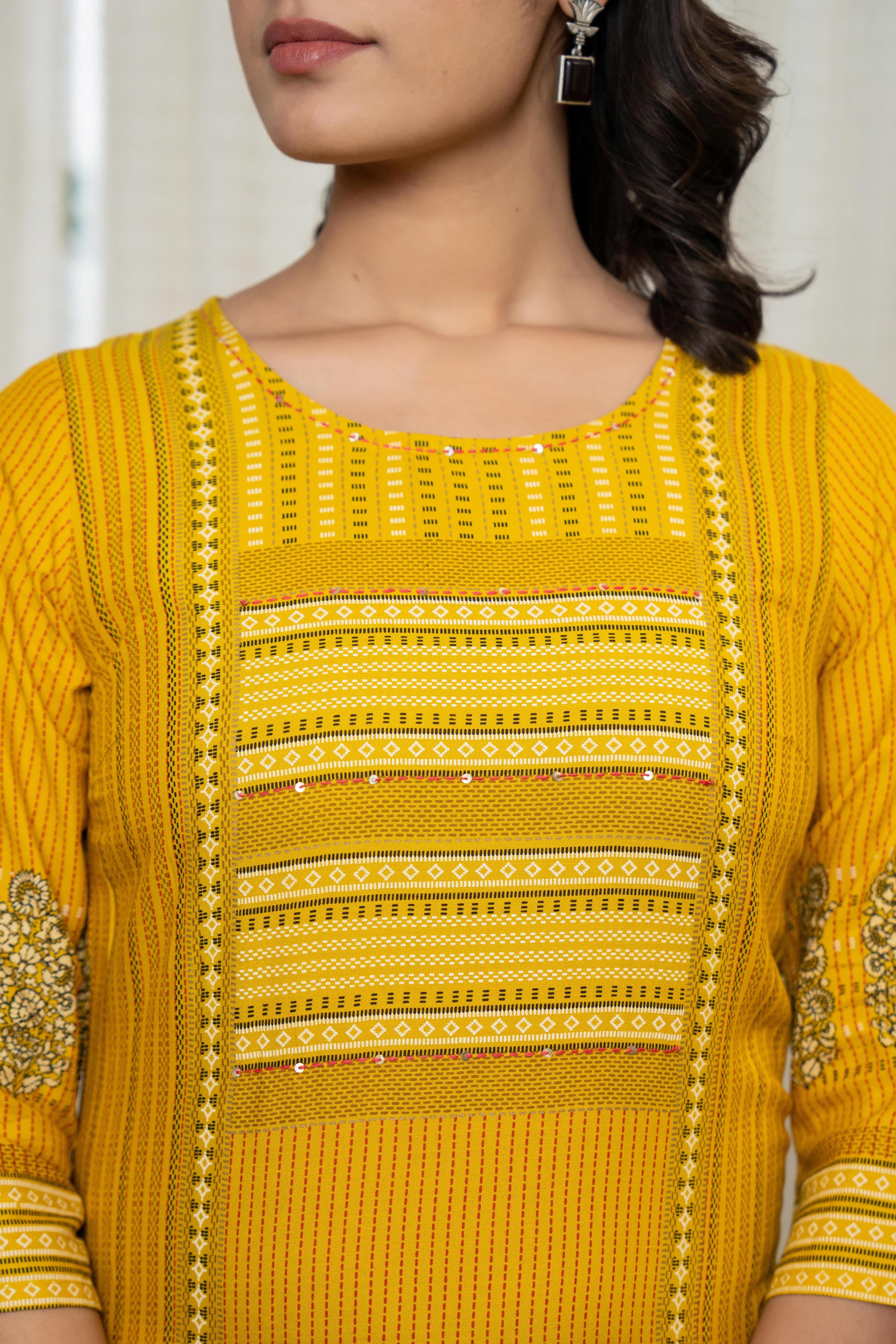 Mustard Ethnic Motif Printed Liva Rayon Kurta With Sequins & Thread Work